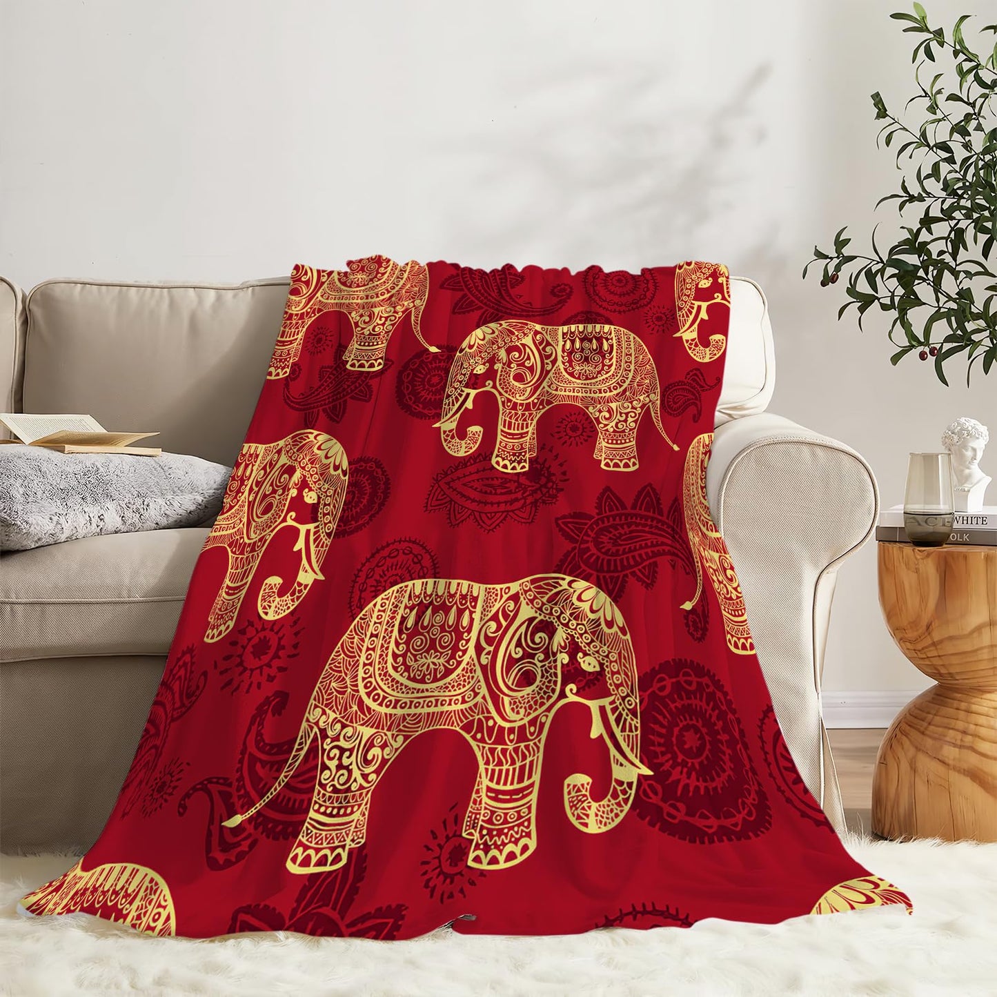 SweetFox Elephant Blanket Red Boho Elephant Decor Throw Blanket Gifts for Girls Boys Super Warm Soft Plush Lightweight Fleece Flannel Winter Couch Bedding Blankets for Kids Adults Women Men 50"X40"
