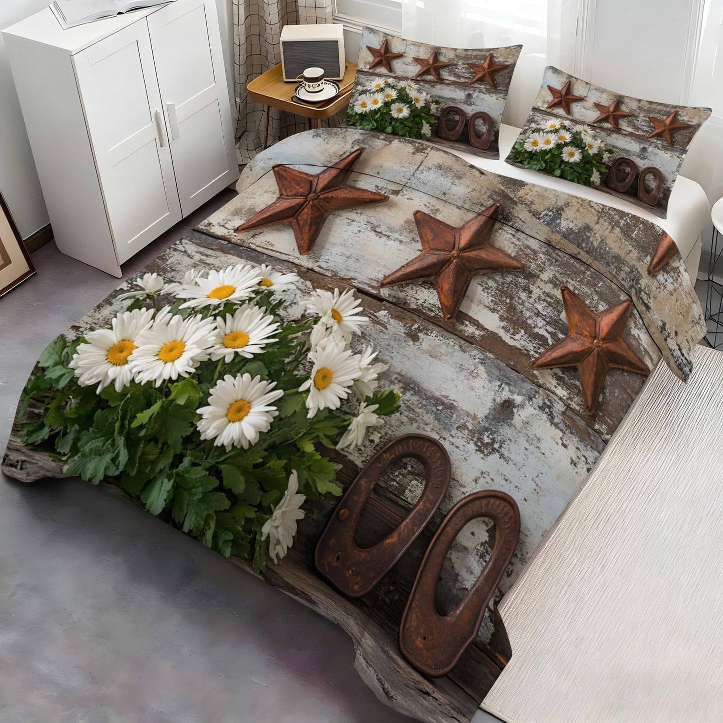 GKPLY Rustic Daisies Bedding Duvet Cover, Farmhouse Star Comforter Set with Zipper, Vintage Floral Duvet Cover Queen, 3 Pieces Countryside Bedding, 2 Pillowcases