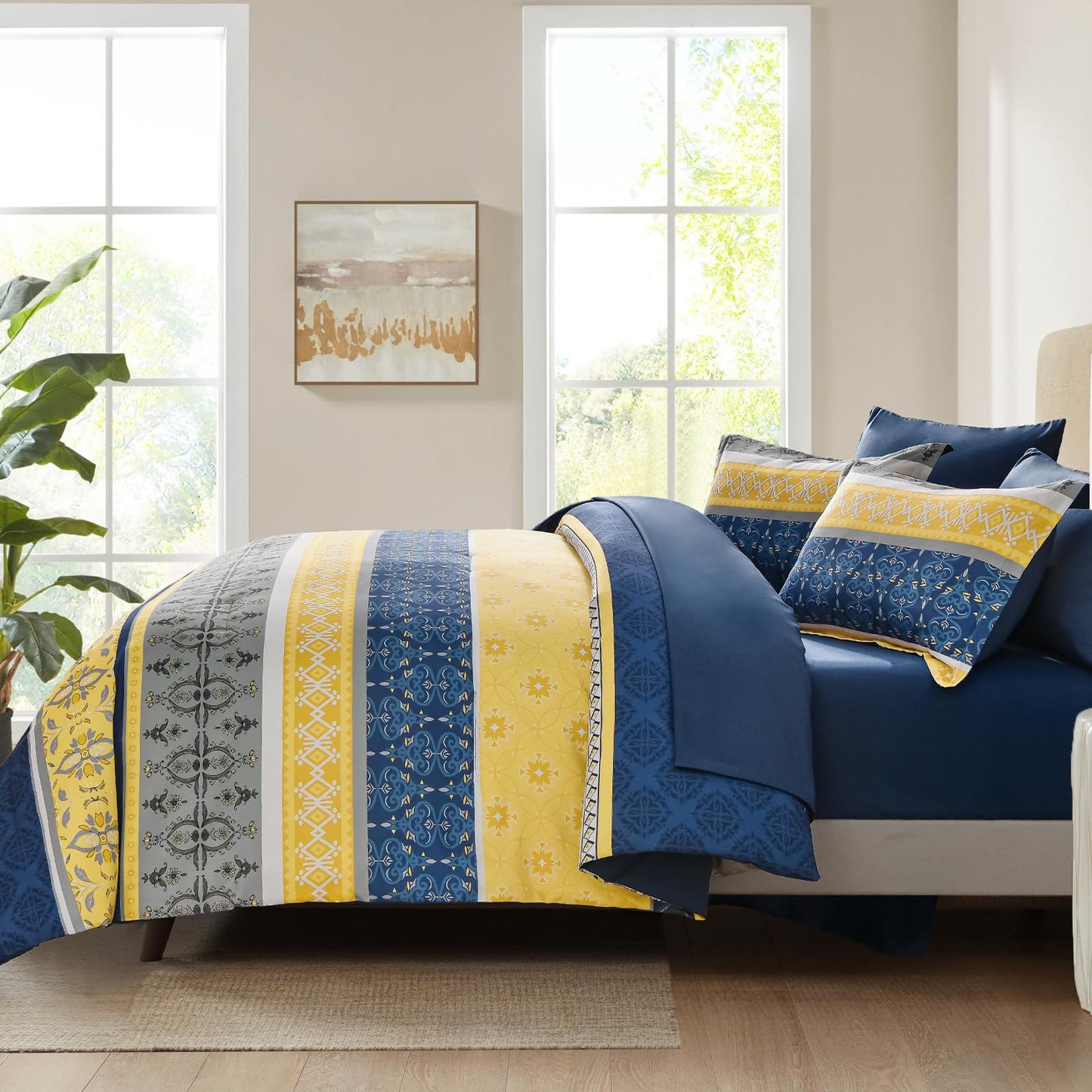 WONGS BEDDING Boho Comforters Set Queen, 7 Pieces Navy Blue and Yellow Comforter Sets Bohemian Bed in a Bag Striped Comforter Set Soft Microfiber Paisley Floral Comforter and Sheet Set for All Season