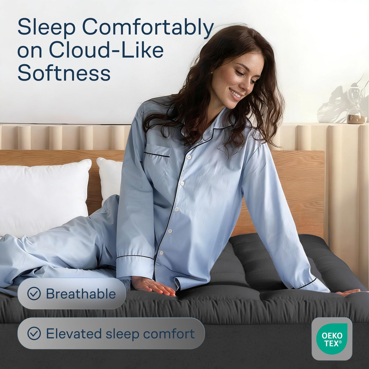 Niagara Sleep Solution Cloud-Like Queen Mattress Topper - 100% Cotton Top Mattress Pad for Back Pain Relief - Breathable & Naturally Cooling for Hot Sleepers, Dark Gray