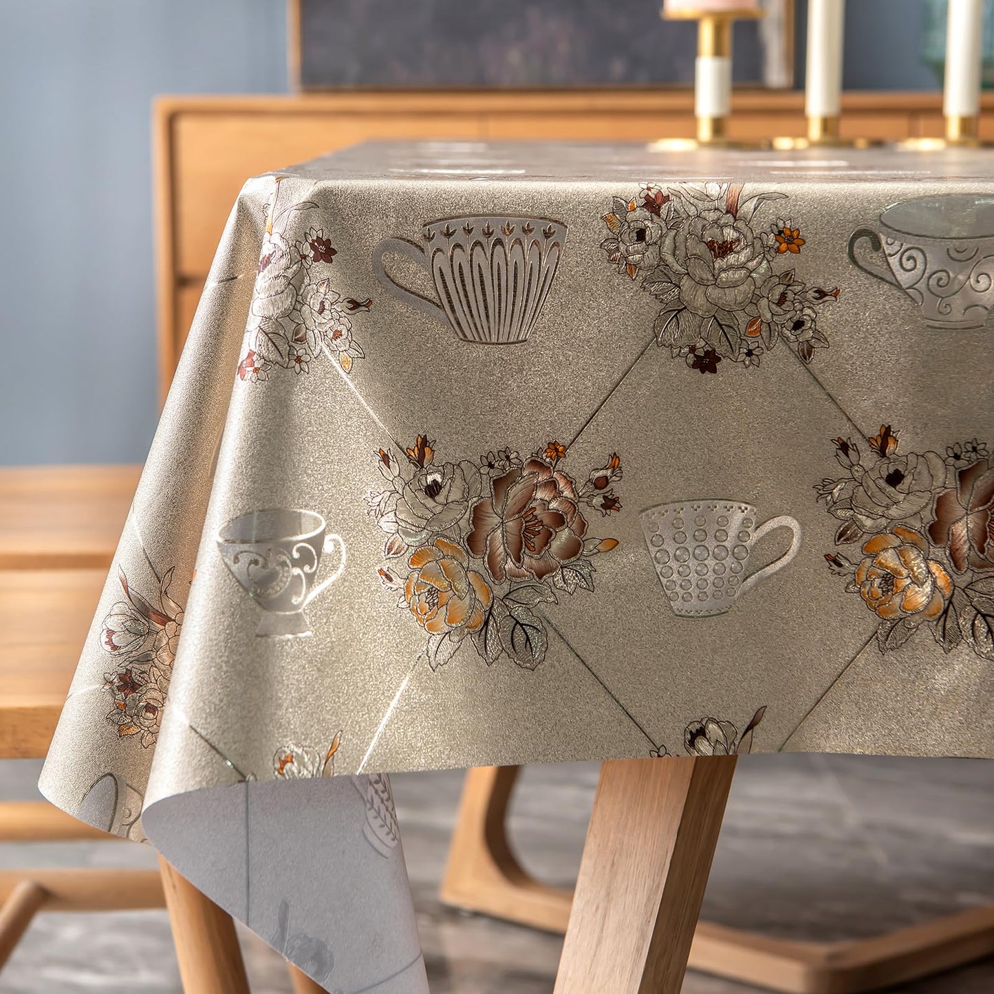 FAVE Heavy Duty Vinyl Tablecloths with Peony Waterproof Oil-Proof PVC Table Cloth Stain-Resistant Wipeable Table cloths for Wedding, Banquet, Birthday, Party, Restaurant Decorations (Gold, 55X78 Inch)