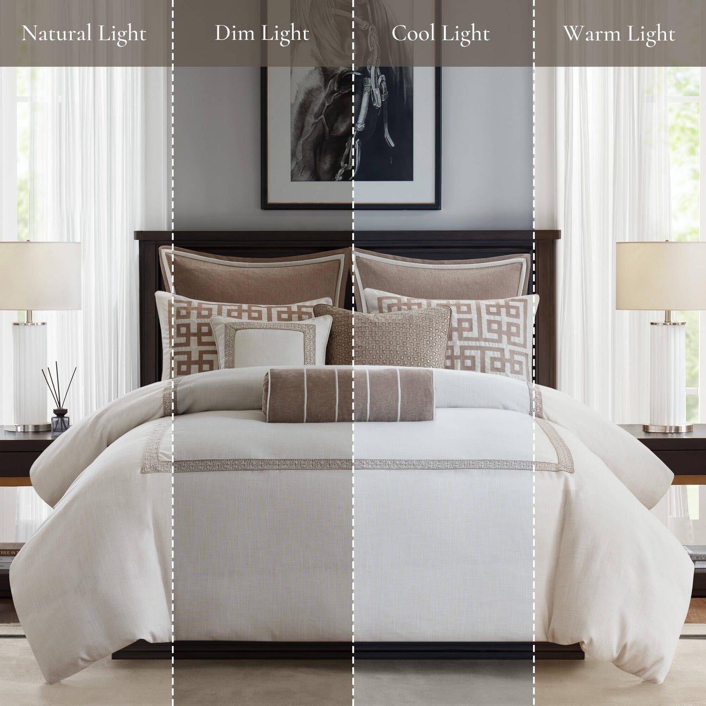 Madison Park Signature Oversized Queen Comforter Set, Luxury Hotel Style Bedding with Embroidered Details, All Season Down Alternative Comforter, Matching Shams&Decorative Pillows, Tan/Ivory, 8 Piece