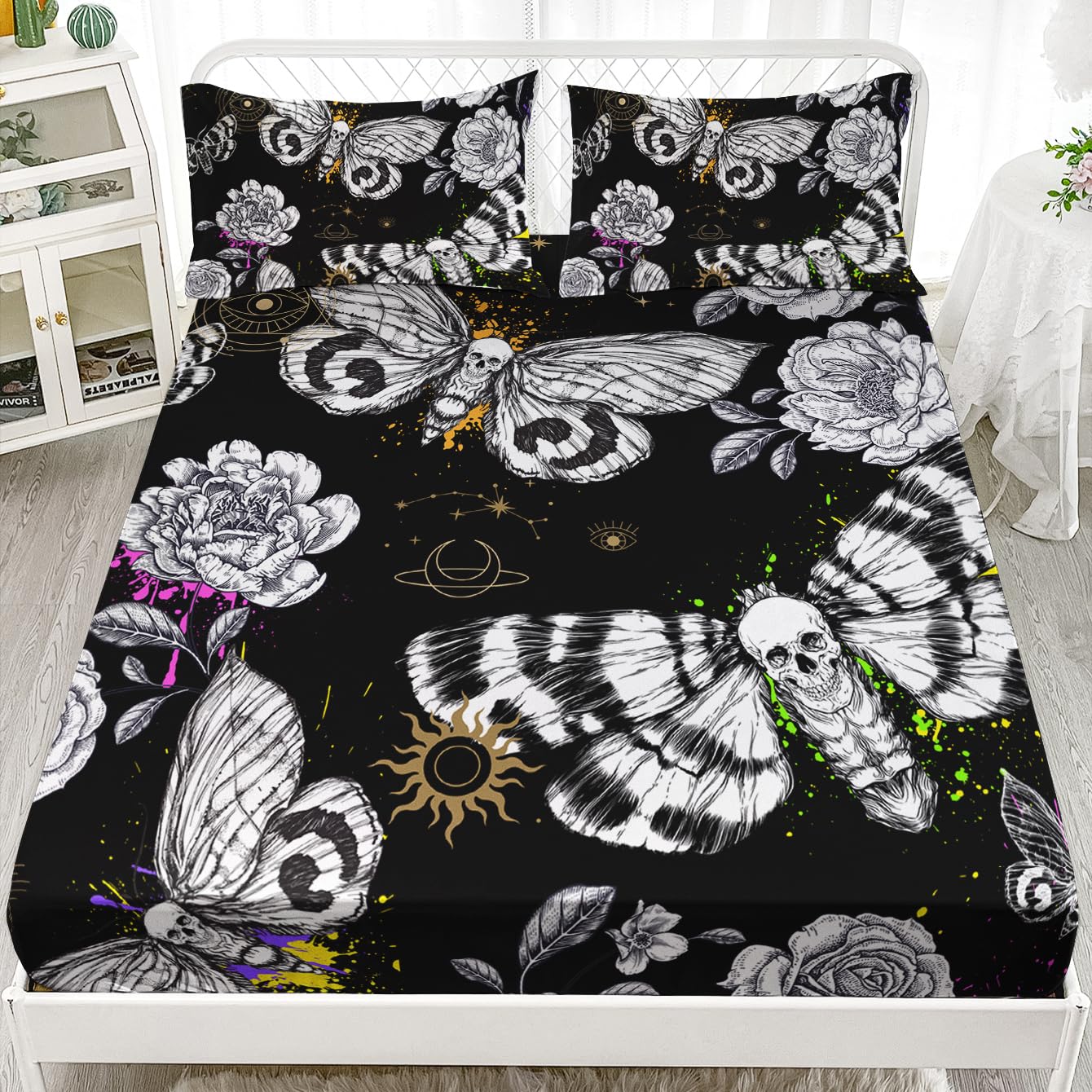 HOSIMA Death Moth Skull Heads Fitted Sheet Horror Theme Halloween Bedding,Goth Bedding Butterfly Bed Set Twin Bed in A Bag Sets for Adults Boys Girls Room Decor Floral Sheets Deep Pocket.