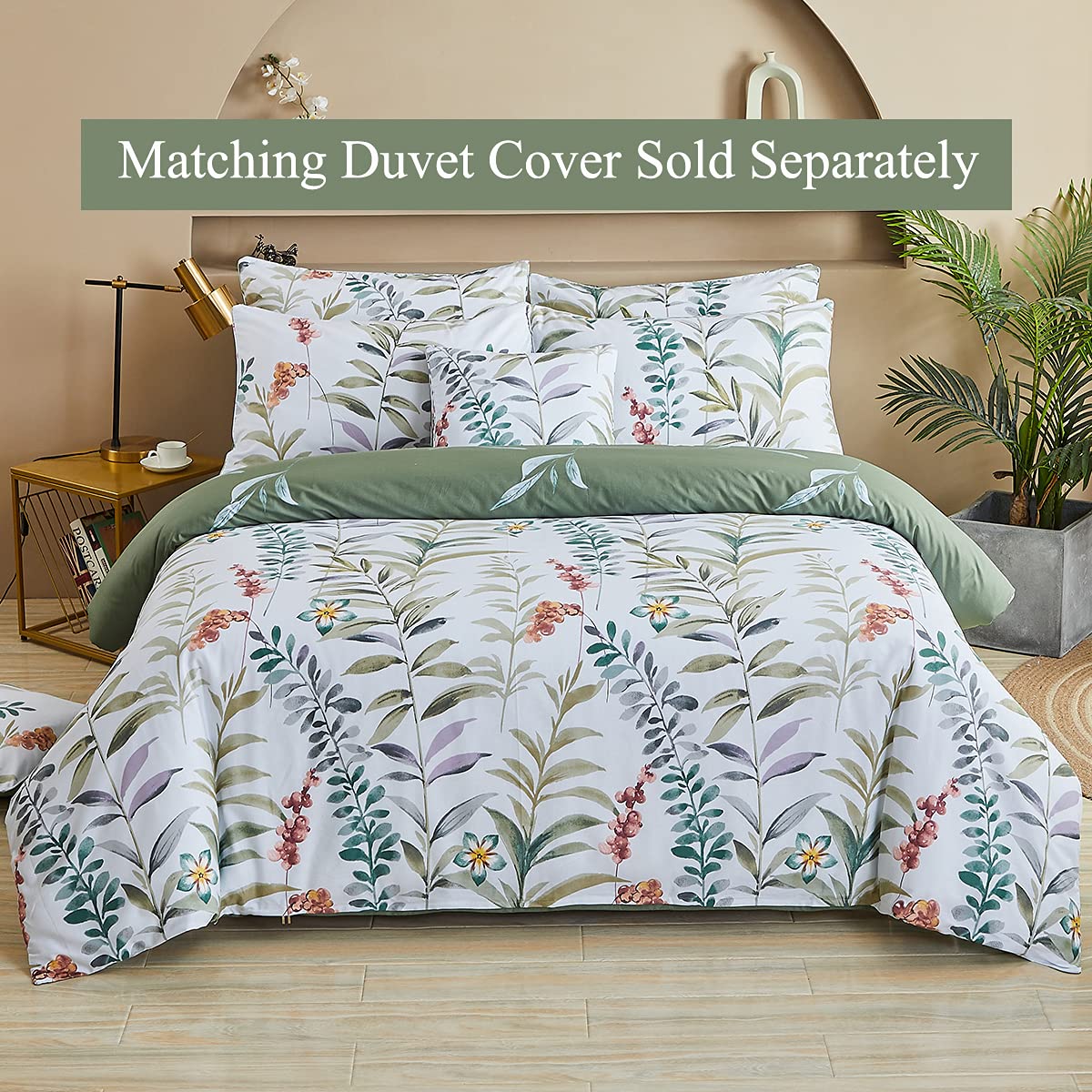 FADFAY Floral Leaves Sheet Set Queen, Premium 100% Cotton 600 TC Green Leaf & Teal Flower Watercolor Farmhouse Bedding, Super Soft Breathable Deep Pocket Bed Sheets Set, 4-Piece Queen