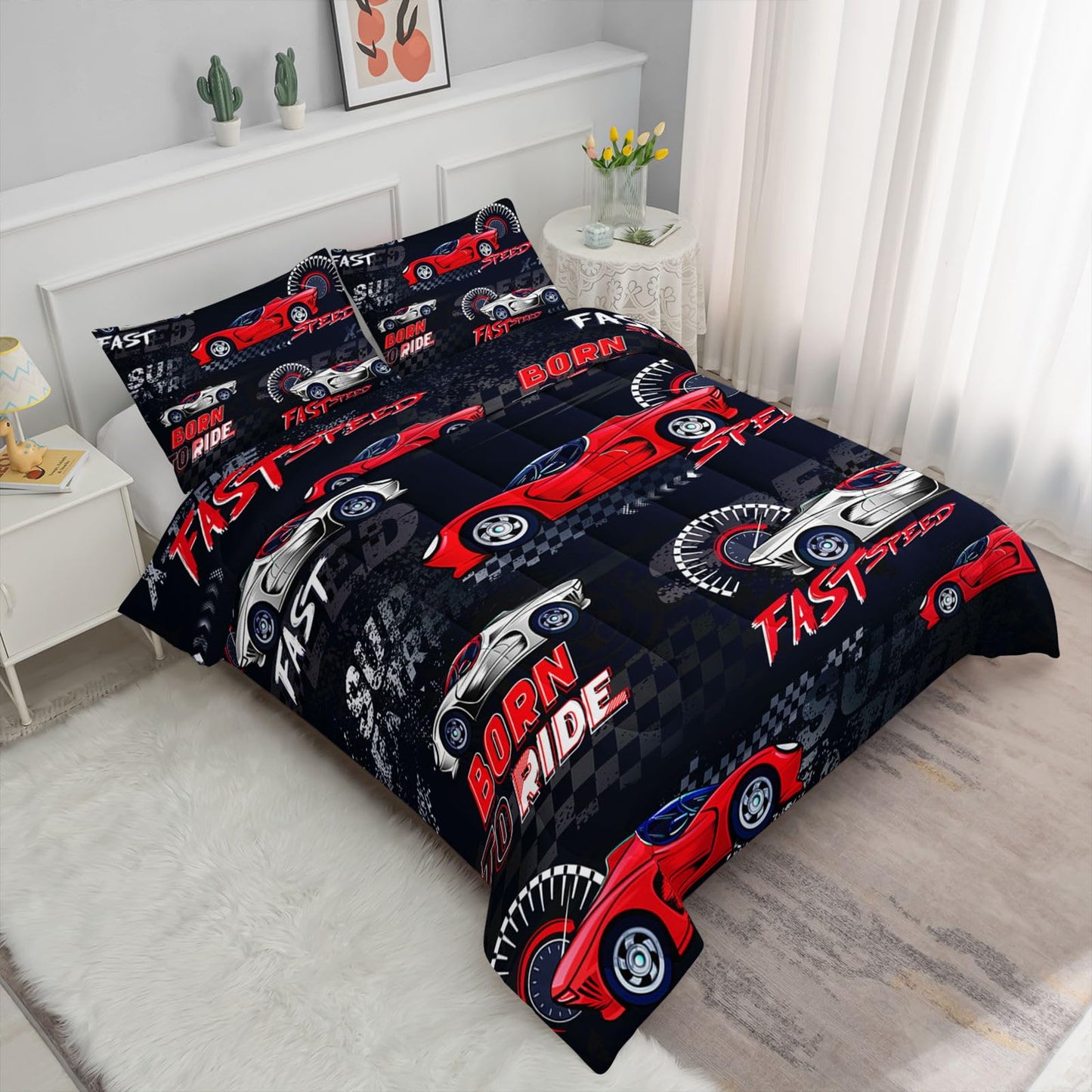 Smell Sunshine Red Sports Car Comforter Set Cool Sports Printed Bedding Set with 1 Comforter and 2 Pillowcases for Boys and Girls Bedroom All Season(Car-2 Twin)