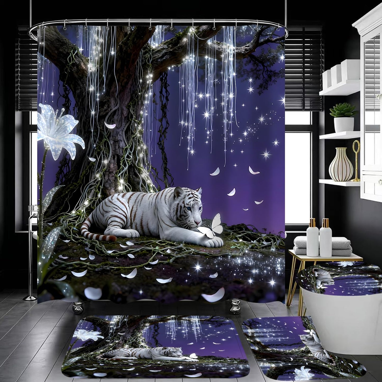 4 Piece Purple and White Shower Curtain Set with Rugs, Dreamy White Tiger & Butterfly Under Glowing Tree, Fantasy Aesthetic Waterproof Fabric Bathroom Decor, Non-Slip Mats & Toilet Lid Cover