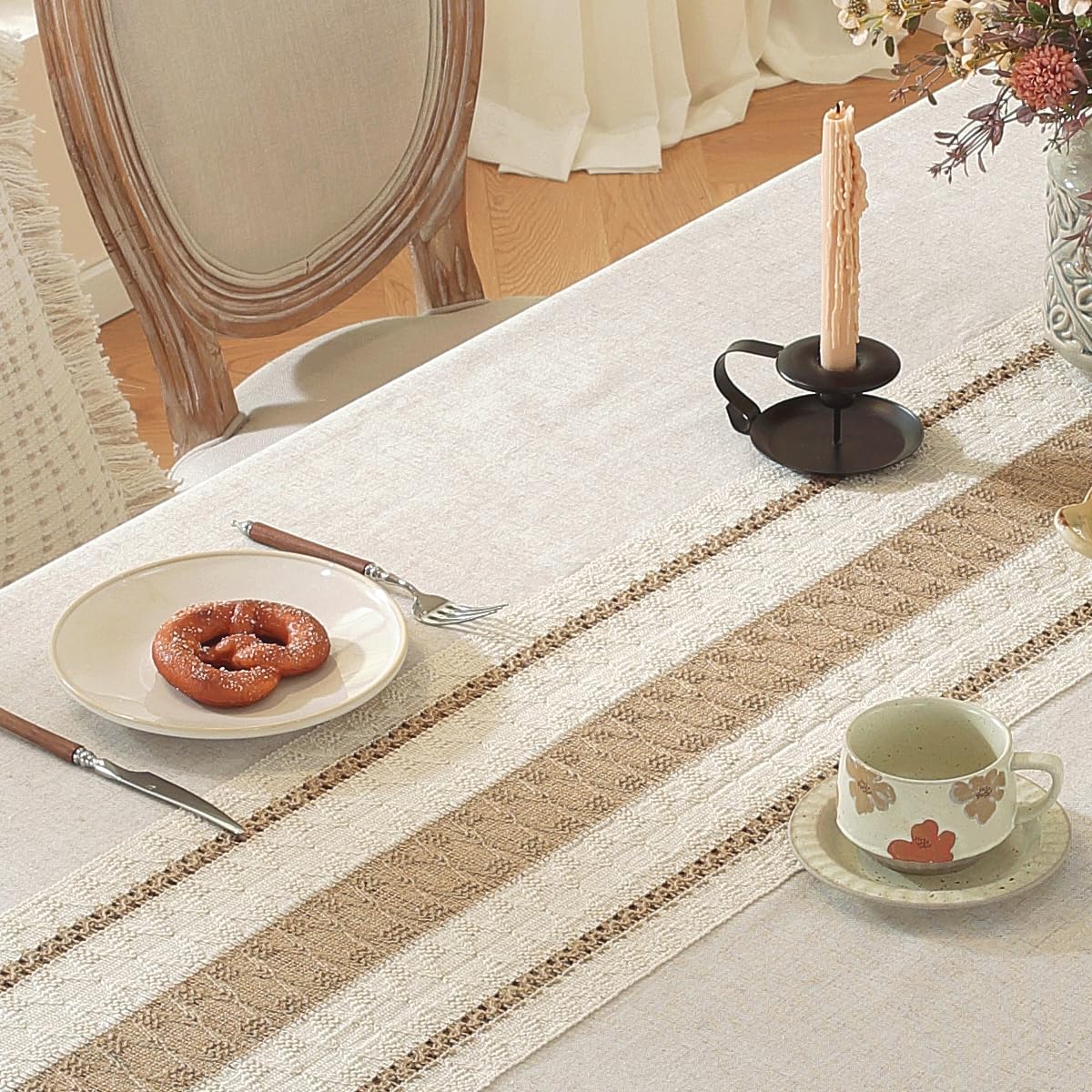 Colorigan Table Cloth, Cotton Linen Tablecloths Heavy Duty Wrinkle Free Table Cover with Tassels for Farmhouse Kitchen Dining Tables, Brown Lines,6-8 Seats