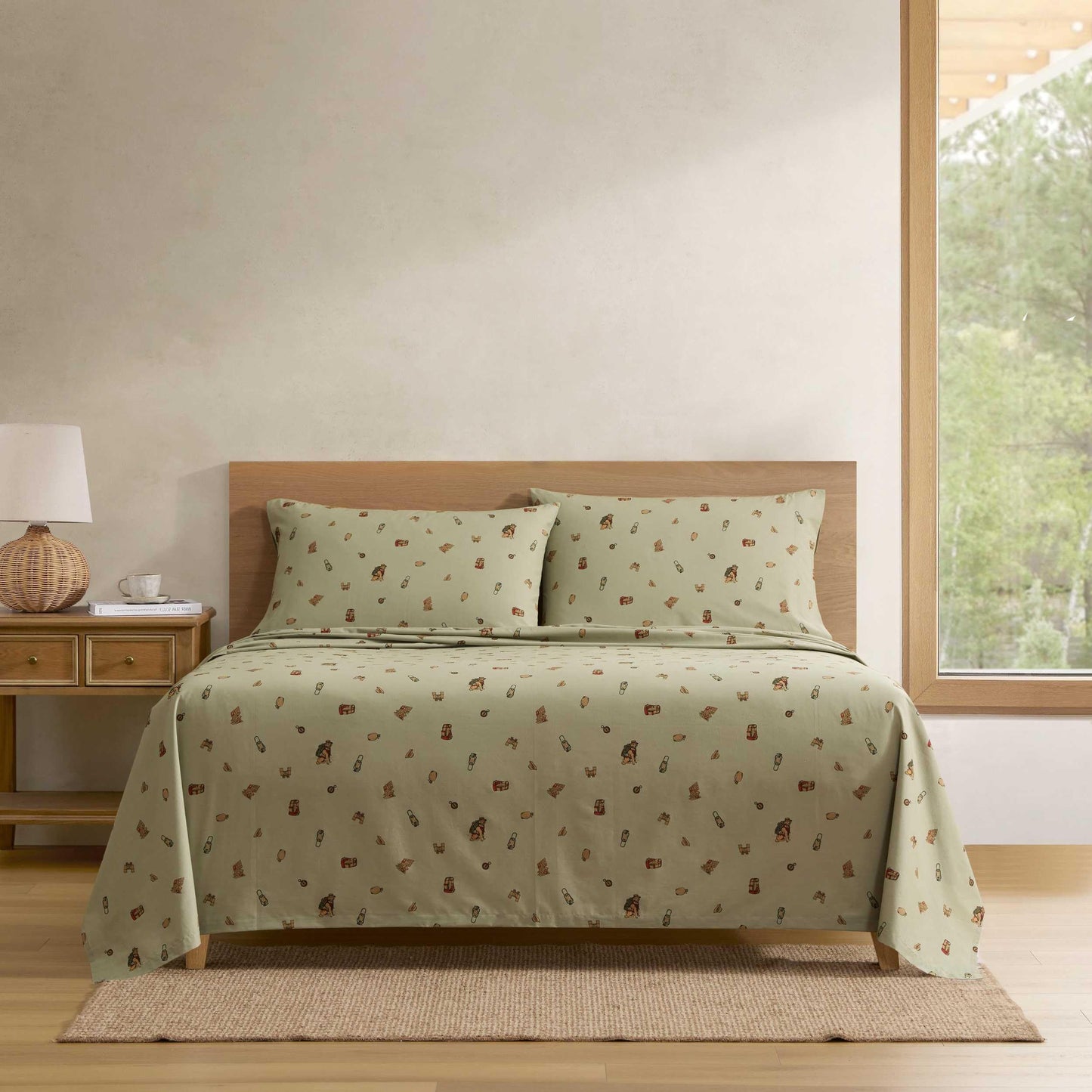 Eddie Bauer - Twin Size Sheet Set, Cotton Percale Bedding with Deep Pocket Fitted Sheet, Bed Sheets with Matching Pillowcase, Buddy Camping All Over Green