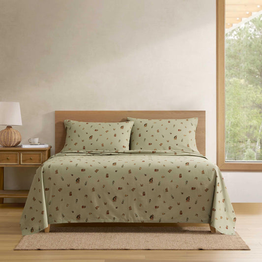 Eddie Bauer - Twin Size Sheet Set, Cotton Percale Bedding with Deep Pocket Fitted Sheet, Bed Sheets with Matching Pillowcase, Buddy Camping All Over Green