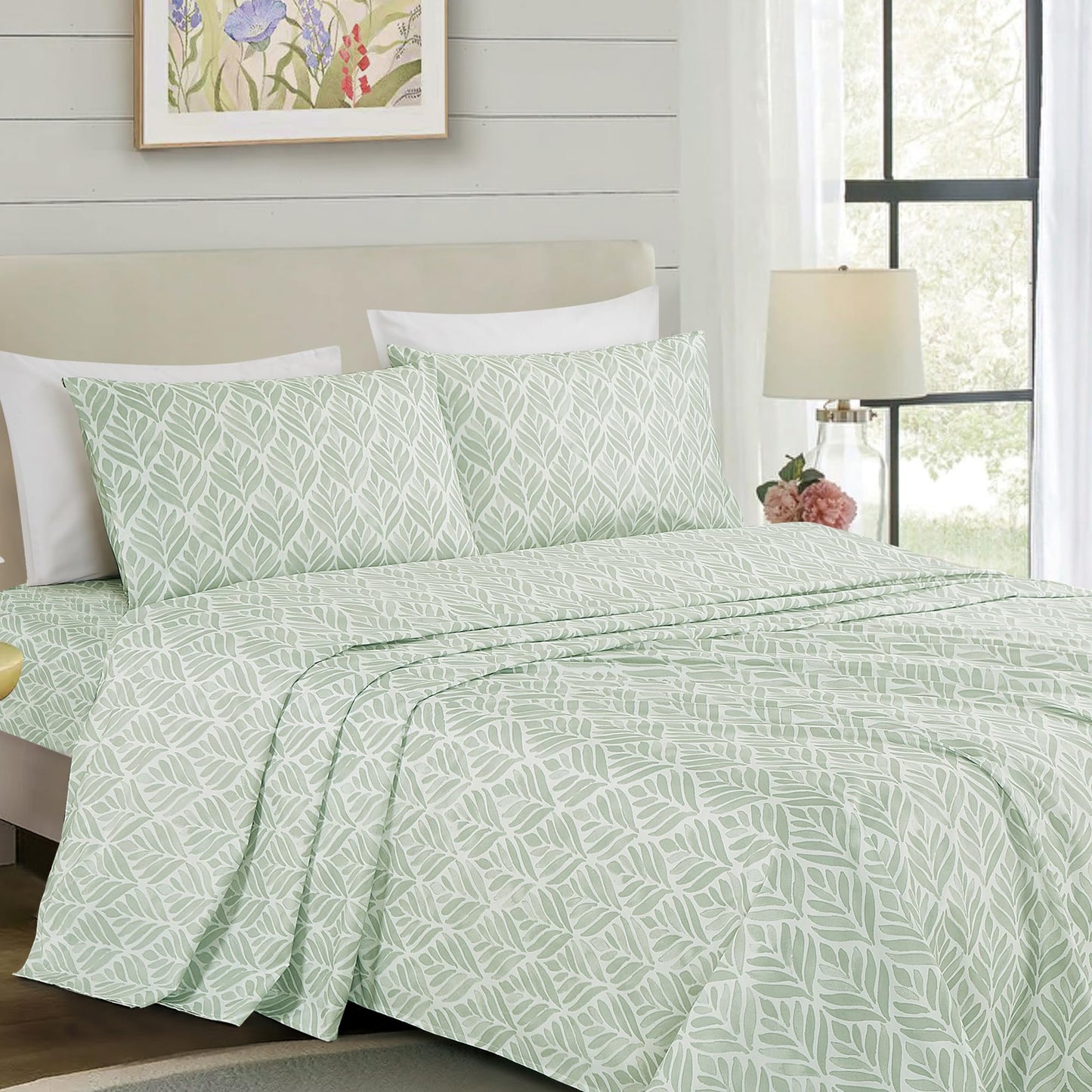 Chezmoi Collection Medina 4-Piece Tranquil Leaf Bed Sheet Set - Soft Green White Leaves Printed Microfiber 14-Inches Deep Pocket Sheets & Pillowcases Set, California King