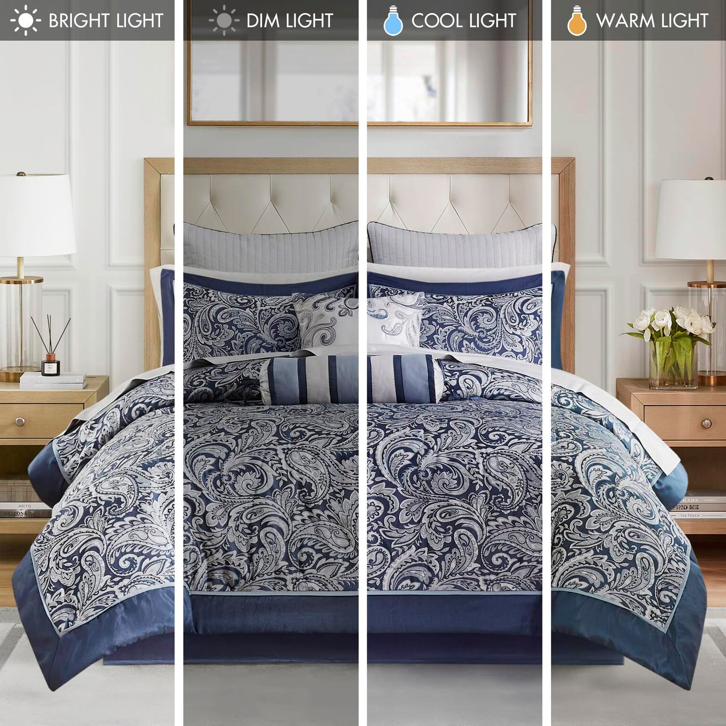 Madison Park Aubrey Cozy Comforter Set, Faux Silk Jacquard Paisley Design - All Season Down Alternative Bedding with Cotton Bed Sheets, Bed Skirt & Toss Pillows, Queen Navy 12 Piece