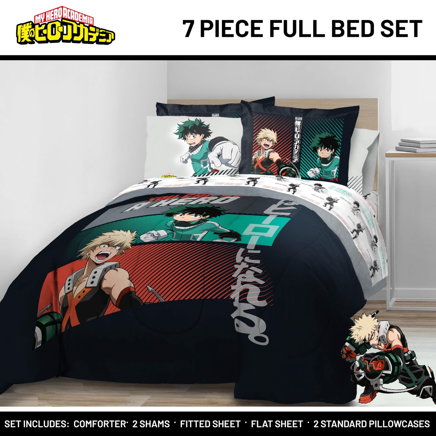Jay Franco Kids Bed Set, Black, My Hero Academia, 7 Piece Full