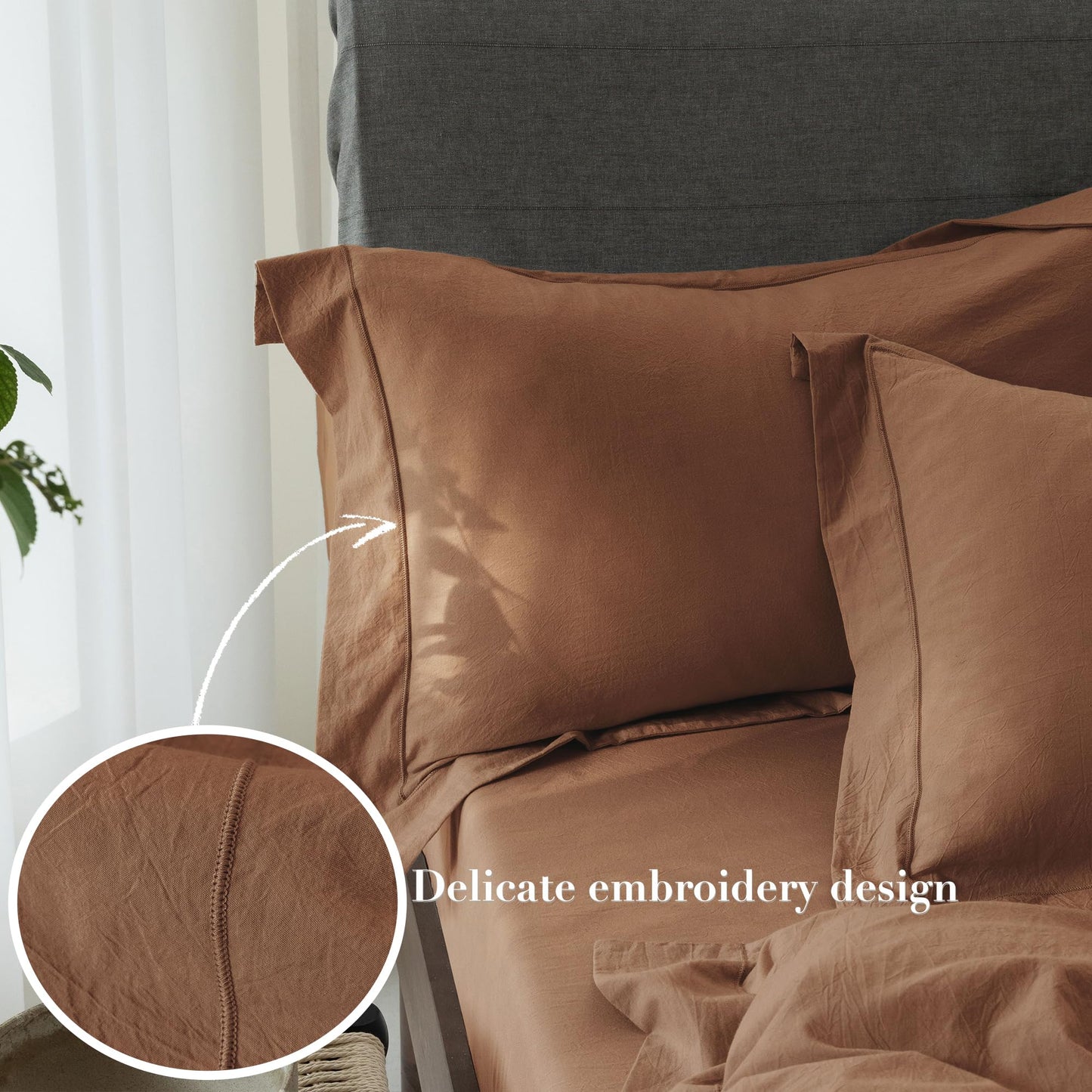 ELIMMO Queen Duvet Cover - 3 Piece 100% Washed Cotton Linen Feel Bedding Set, All Season Breathable Cozy, Double Stitched Hem, Hemmed Dark Orange,90"x90"