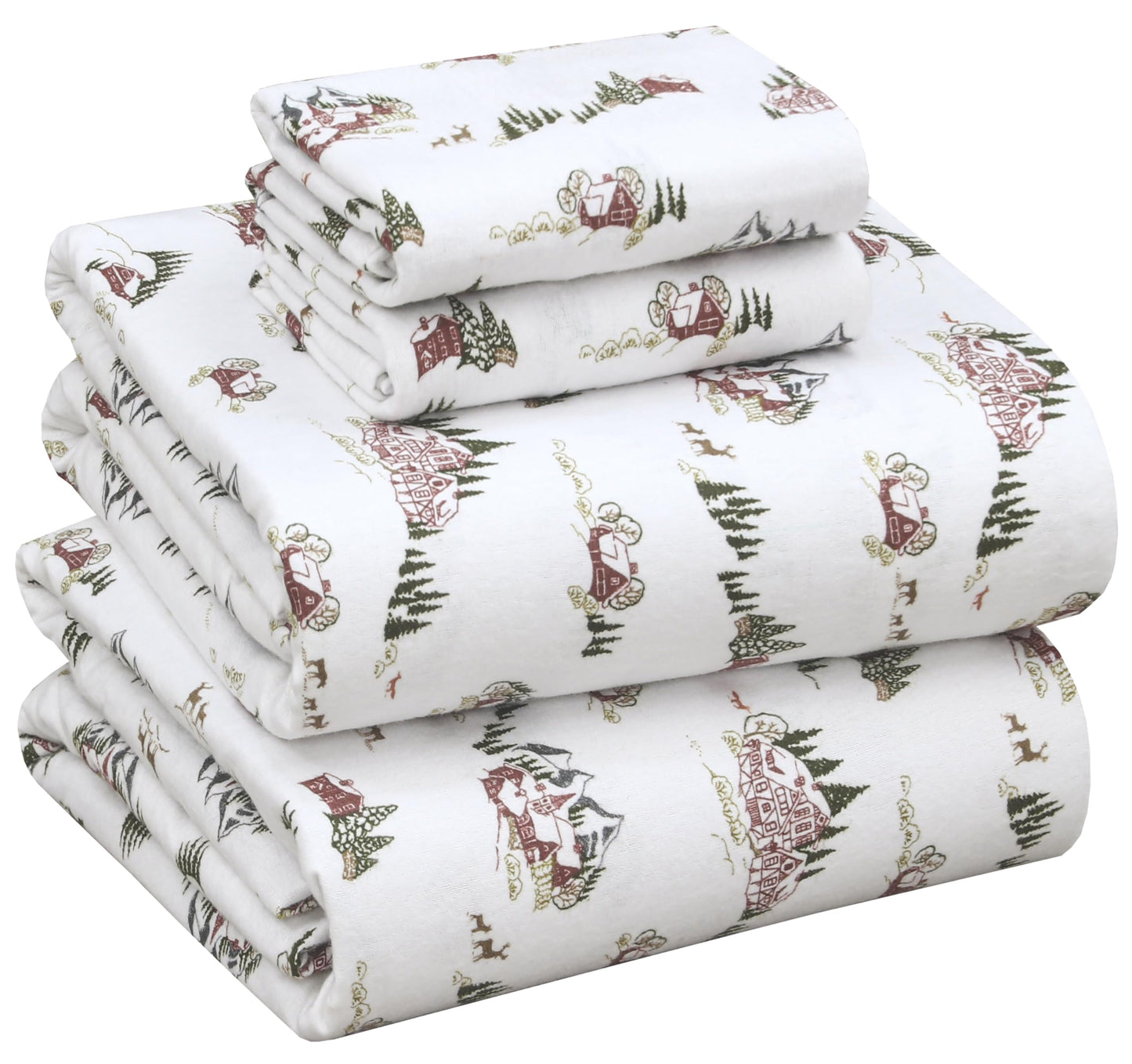 RUVANTI Flannel Sheets Queen Size - 100% Cotton Double Brushed Bed Sheets, Deep Pockets 16 Inches Queen Sheet Set, All Seasons Breathable & Extra Soft - Warm & Cozy, 4 Piece, Hilly Huts