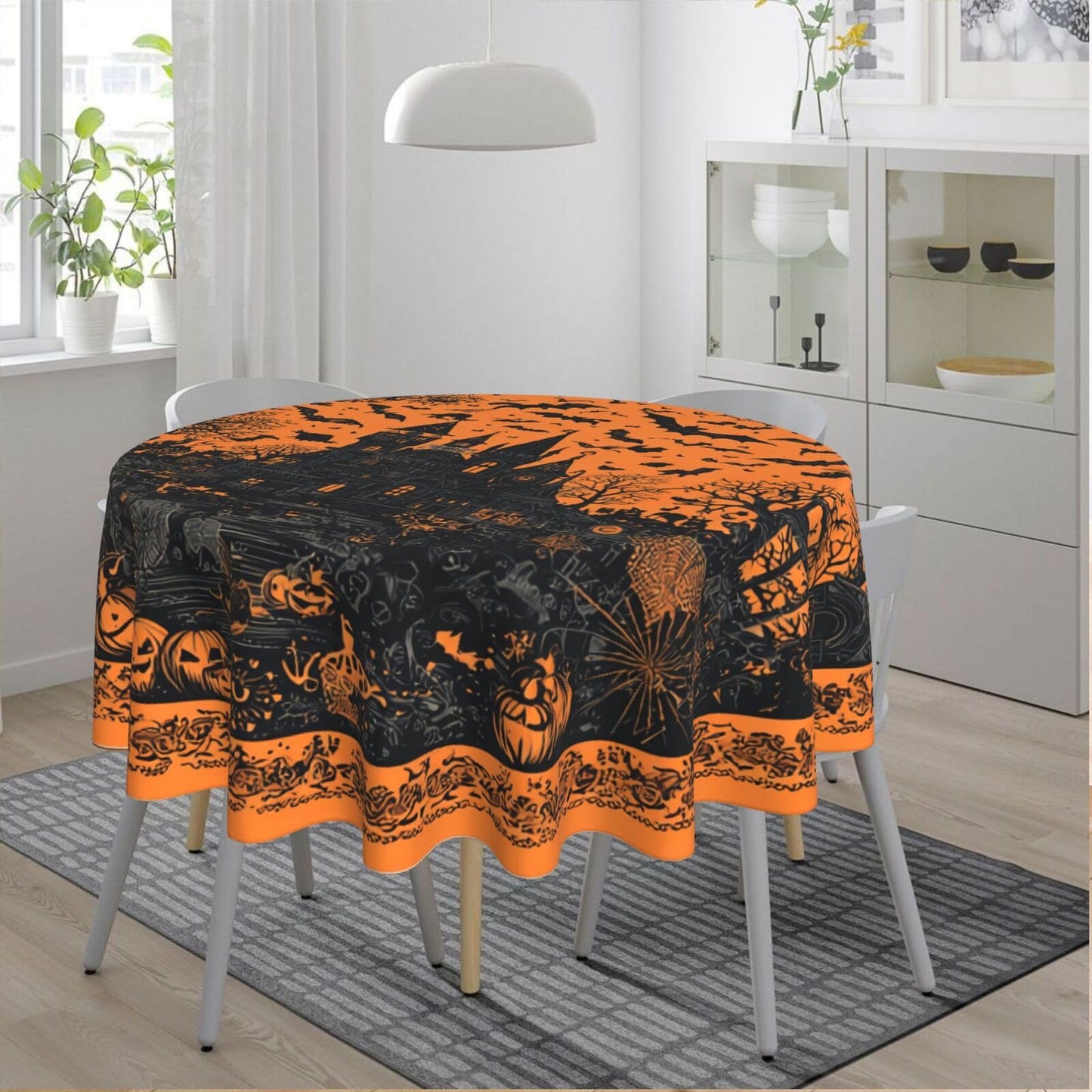 Halloween Haunted House Round Tablecloth 60 Inch, Bats Decorations Round Table Cloth for Halloween Holiday Picnic Party Kitchen/Home Dining Decor