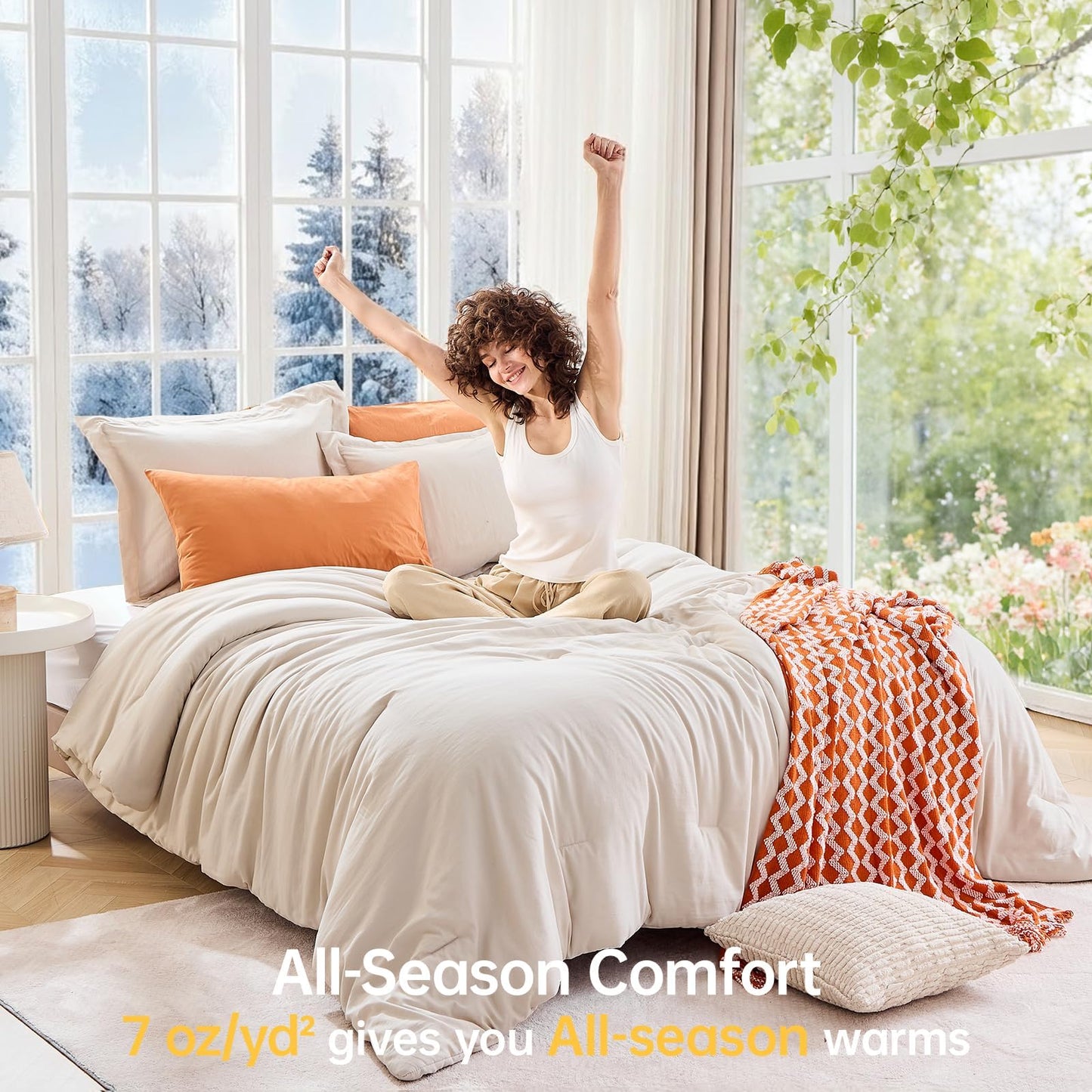 MUXHOMO Queen Size Comforter Set Beige, 3 Piece Solid Bedding for All Seasons, Warm Down Alternative Bed Set Includes 1 Lightweight Comforter (90"x90") and 2 Pillowshams (20"x26")