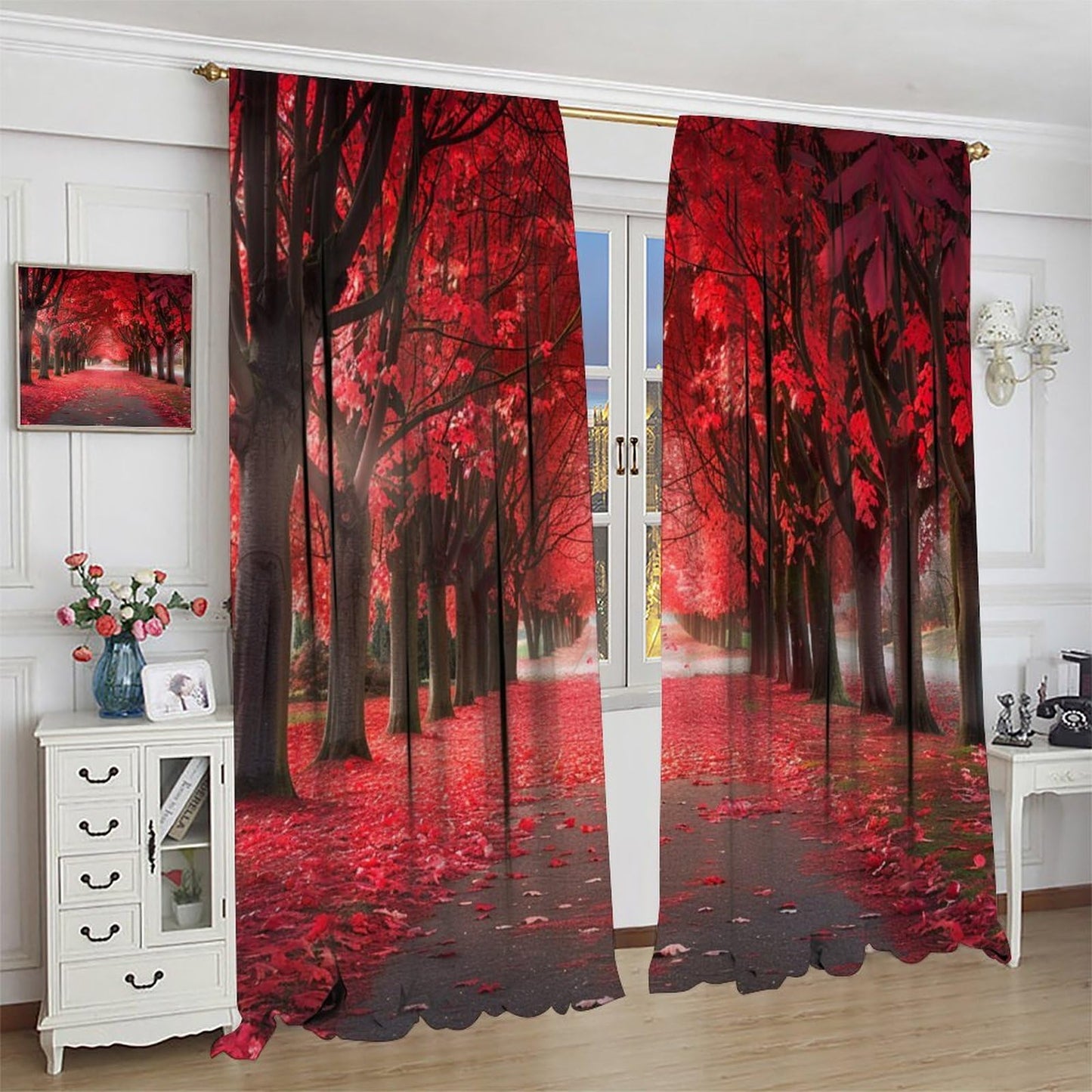 TOWINSFB Autumn Red Maple Leaves Blackout Curtains, Street Tree Plant Leaf Home Decor Rod Pocket Window Drapes for Living Room Bedroom - 42" W x 63" L