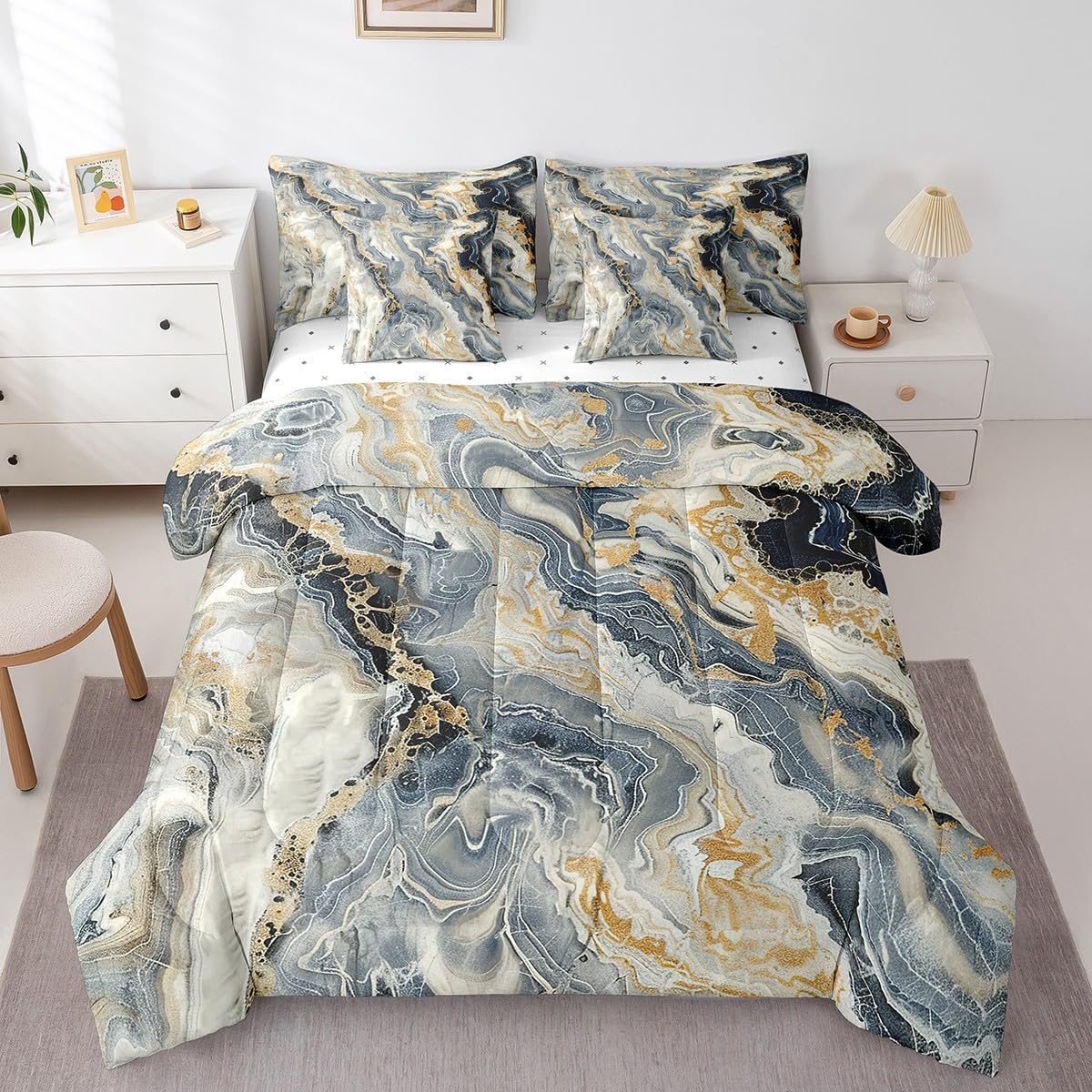 Erosebridal Marble 7 Pcs Comforter Set Queen Size Ink Fluid Bedding Modern Marbling Art Bed in A Bag for Kids Adults Luxury Stone Liquid Blue Gold Abstract Bed Set