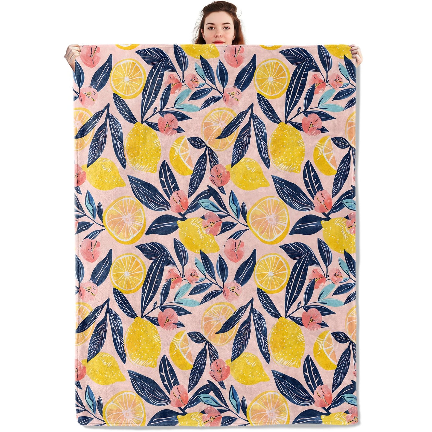 qxfqxf Bright Lemon Blanket Lightweight Blankets Gifts for Adults Flannel Throw with Pink Flower and Navy Leaf Printed for Sofa, Bed, Travel, Picnic, Camping, Office, Summer Decor Throws 60x50 Inch
