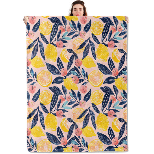 qxfqxf Bright Lemon Blanket Lightweight Blankets Gifts for Adults Flannel Throw with Pink Flower and Navy Leaf Printed for Sofa, Bed, Travel, Picnic, Camping, Office, Summer Decor Throws 60x50 Inch