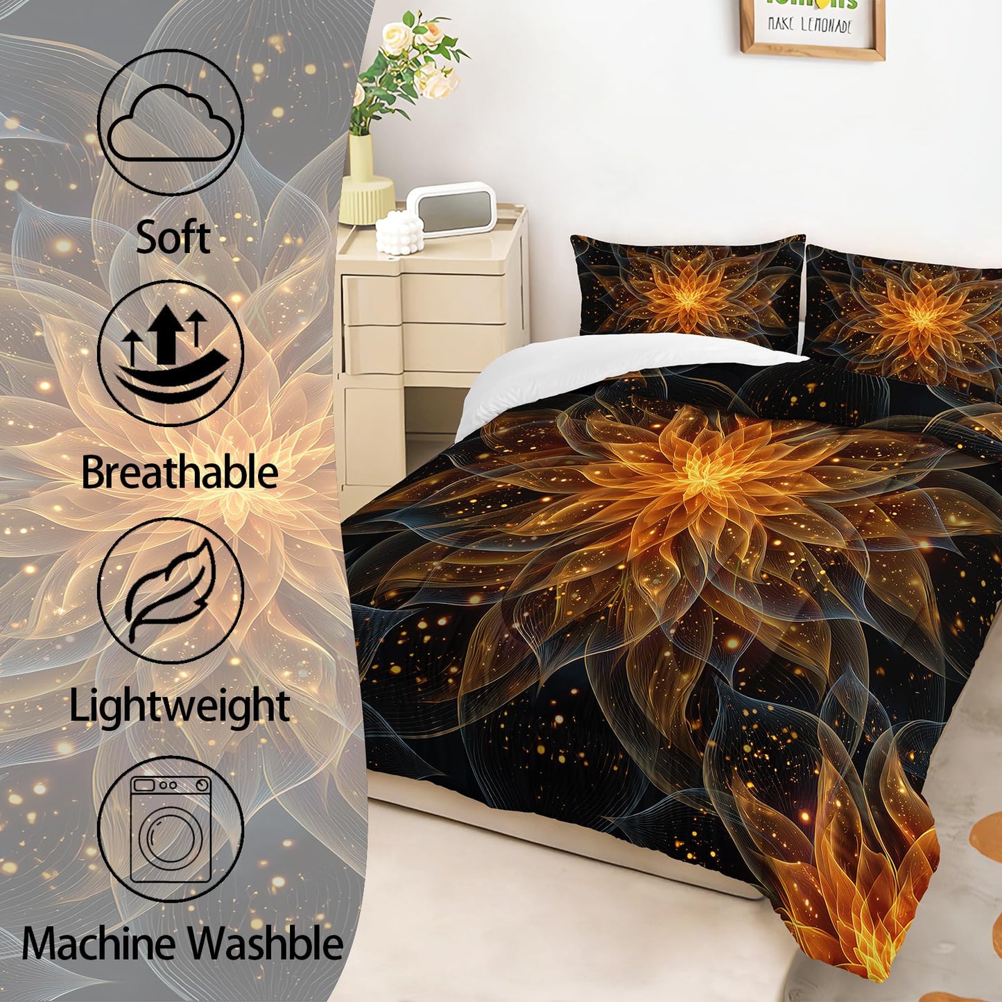 AILONEN Gold Lotus Queen Size Comforter Set - Boho Mandala Floral Duvet with 2 Pillowcases - 3Pcs Exotic Flowers Printed Black Bedding Set for Boys Girls