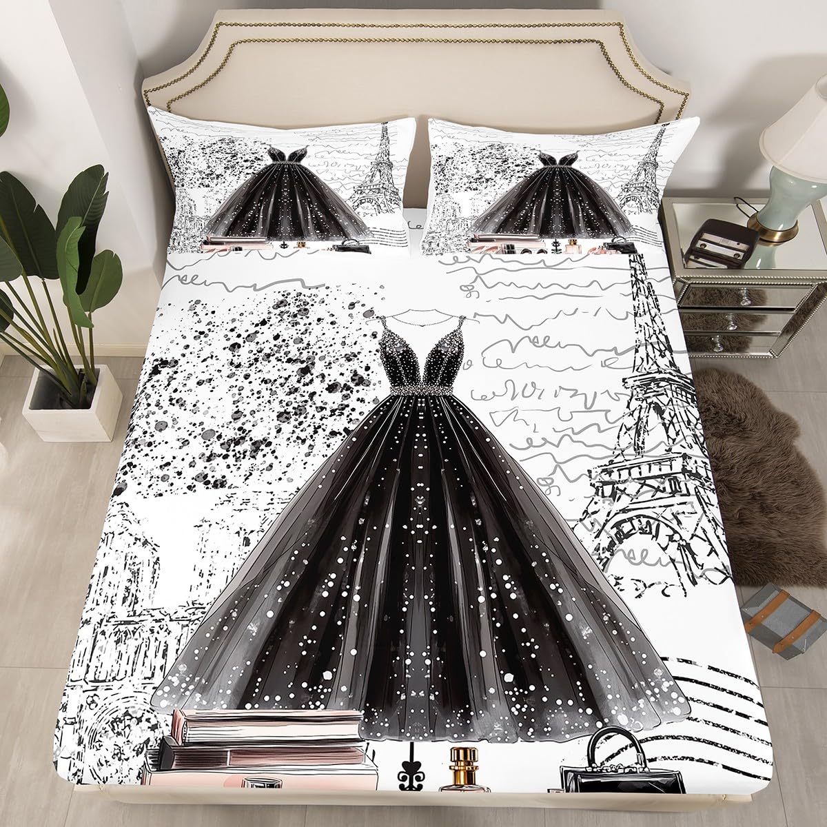 Erosebridal Fashion Girly Dress Sheet Set King Size Black White Eiffel Tower Paris Bed Sheets Perfume Modern Girls Women Sheets Romantic High Heels Makeup Bedding Set