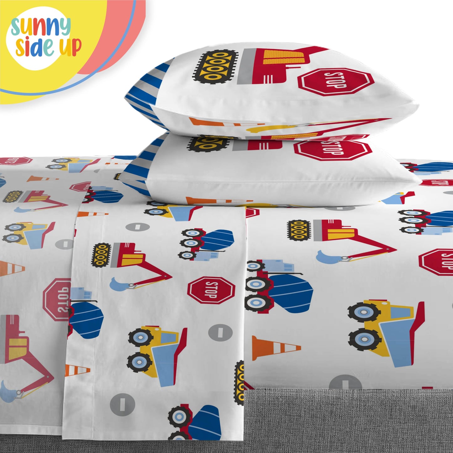 Sunny Side Up Construction Zone Full Comforter Set - 7 Piece Kids Bedding Includes Comforter, Sheets & Pillow Cover - Super Soft Vehicles Microfiber Bed Set