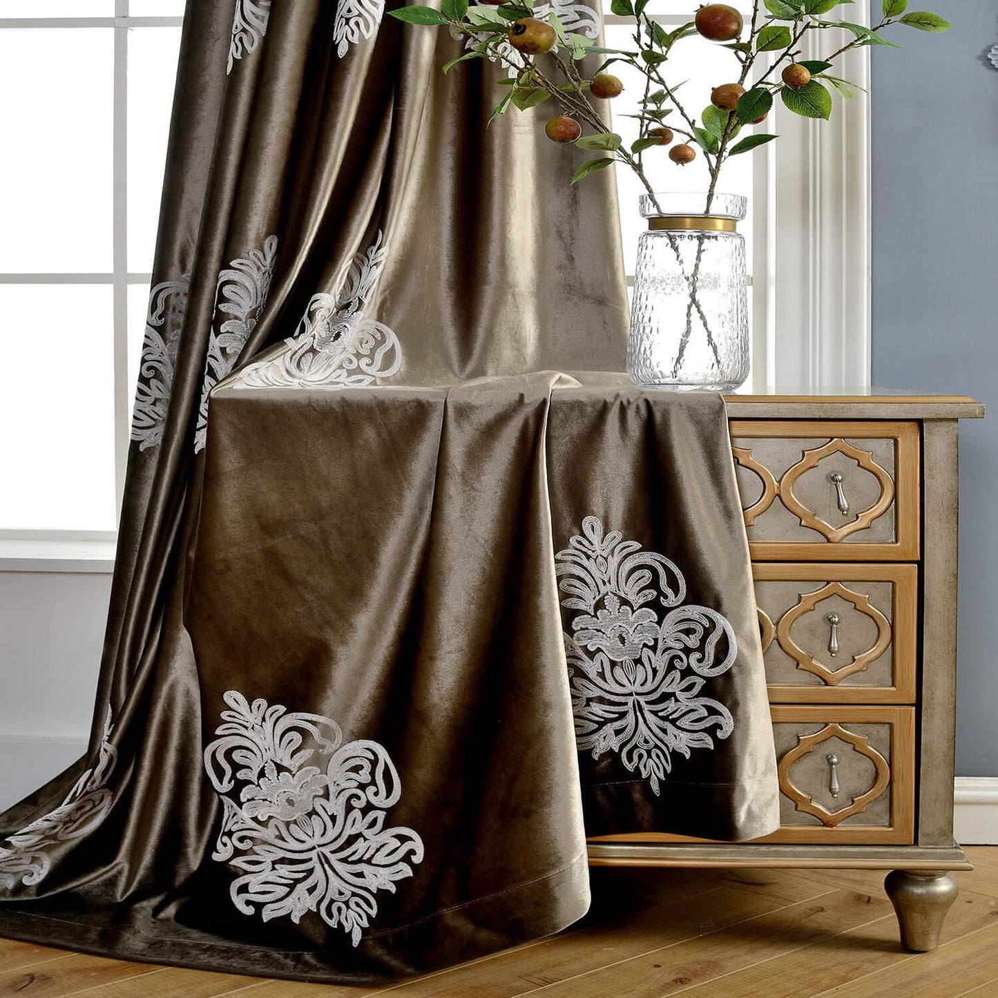 VOGOL Super Soft Luxury Velvet Blackout Curtains, Grommet White Flower Embroidered Soft Chocolate Brown Flannel Draperies for Living Room, 52 x 96 Inch, 2 Panels, Noise Reduction