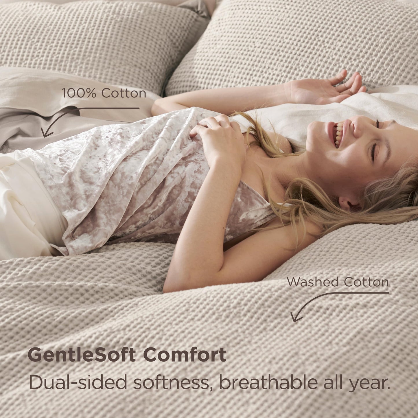 Bedsure 100% Cotton Duvet Cover Queen Size with Fitted Sheet - 4 Pieces Linen Waffle Weave Duvet Covers, PureWowen Breathable Bedding Set, 1 Duvet Cover 90x90, 1 Fitted Sheet, 2 Pillow Shams