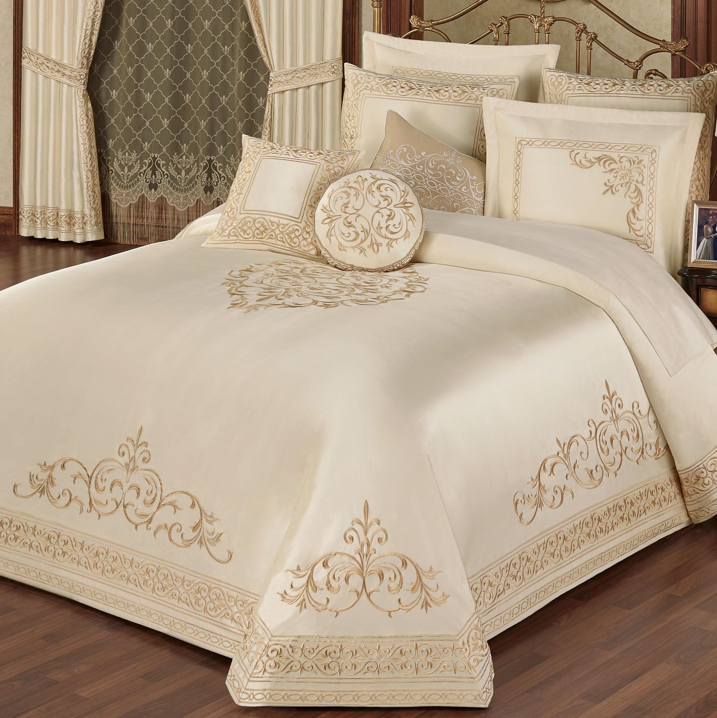 Versailles Luxury Bedding | Classic Pearl | Palace-Inspired French Style Golden Scrollwork Embroidery | 10 Pc Set: King Bedspread, 2 King Shams, 2 Euro Shams, 2 Euro Pillow Inserts & 3 Pillows