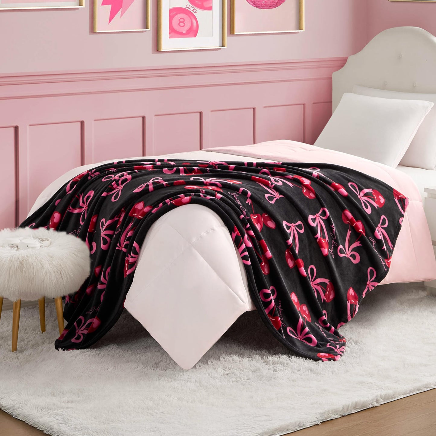Juicy Couture Sweet Cherry Bows 50" x 70" Plush Throw Blanket, Black - Decorative Blankets for Sofas, Throws for Chairs, and Beds