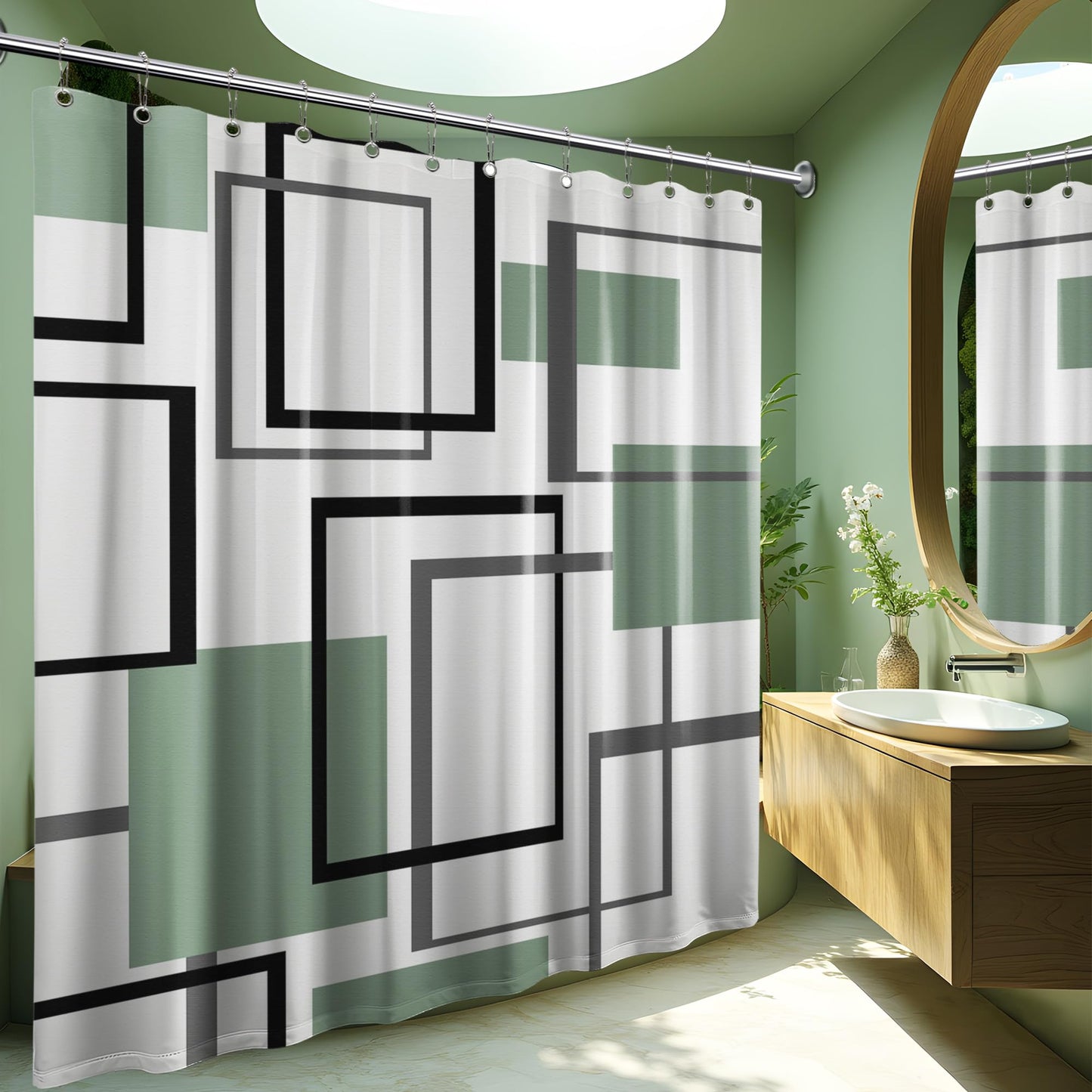 Yieldeer Geometric Shower Curtain, Green and White, 70 x 72 in