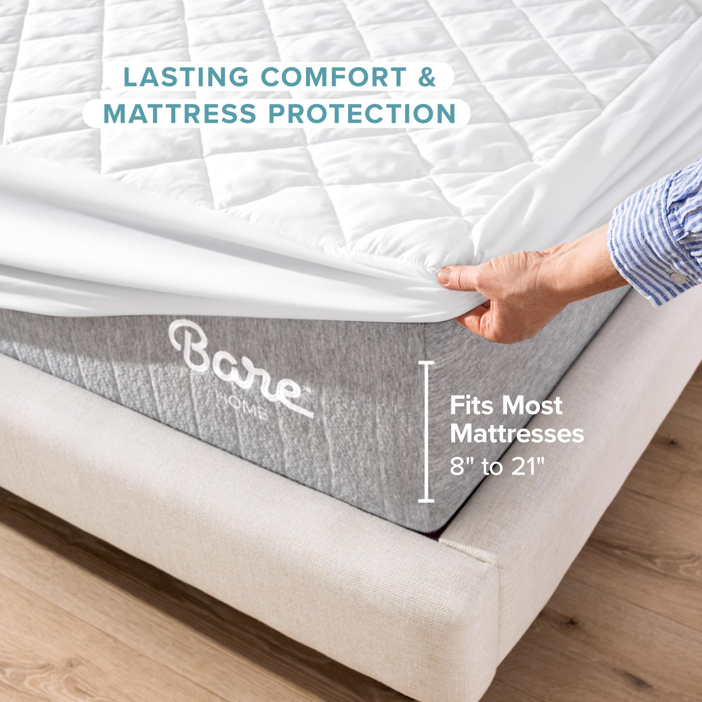 Bare Home Quilted Fitted Mattress Pad (Queen) - Cooling Mattress Cover - Easily Washable - Elastic Fitted Cover for Mattress - Stretch-to-Fit up to 15 Inches Deep (Queen)