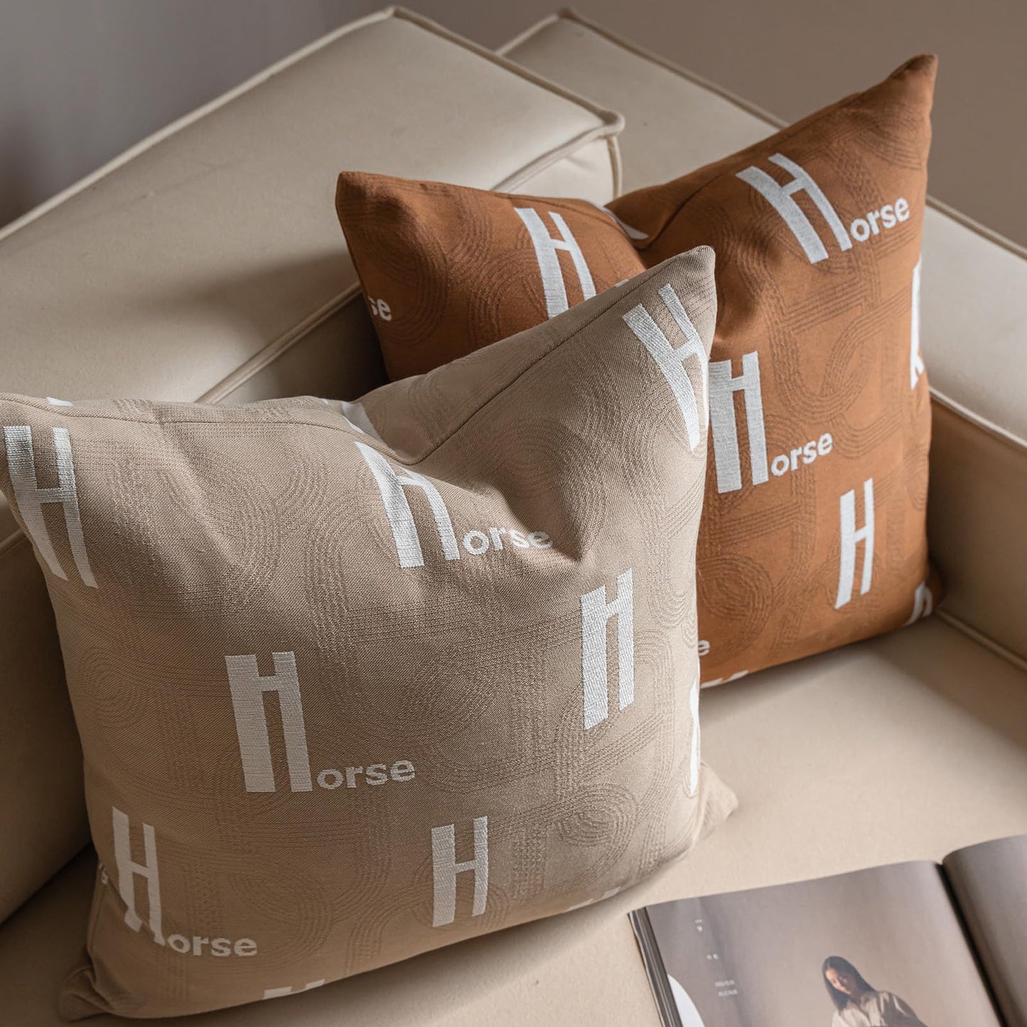 Croker Horse 20x20'' Inches Throw Pillow Cushion Cover - Beige H Letter Embroidery Modern Fashion Style Couch Sofa Pillow Cover for Living Room Bedroom
