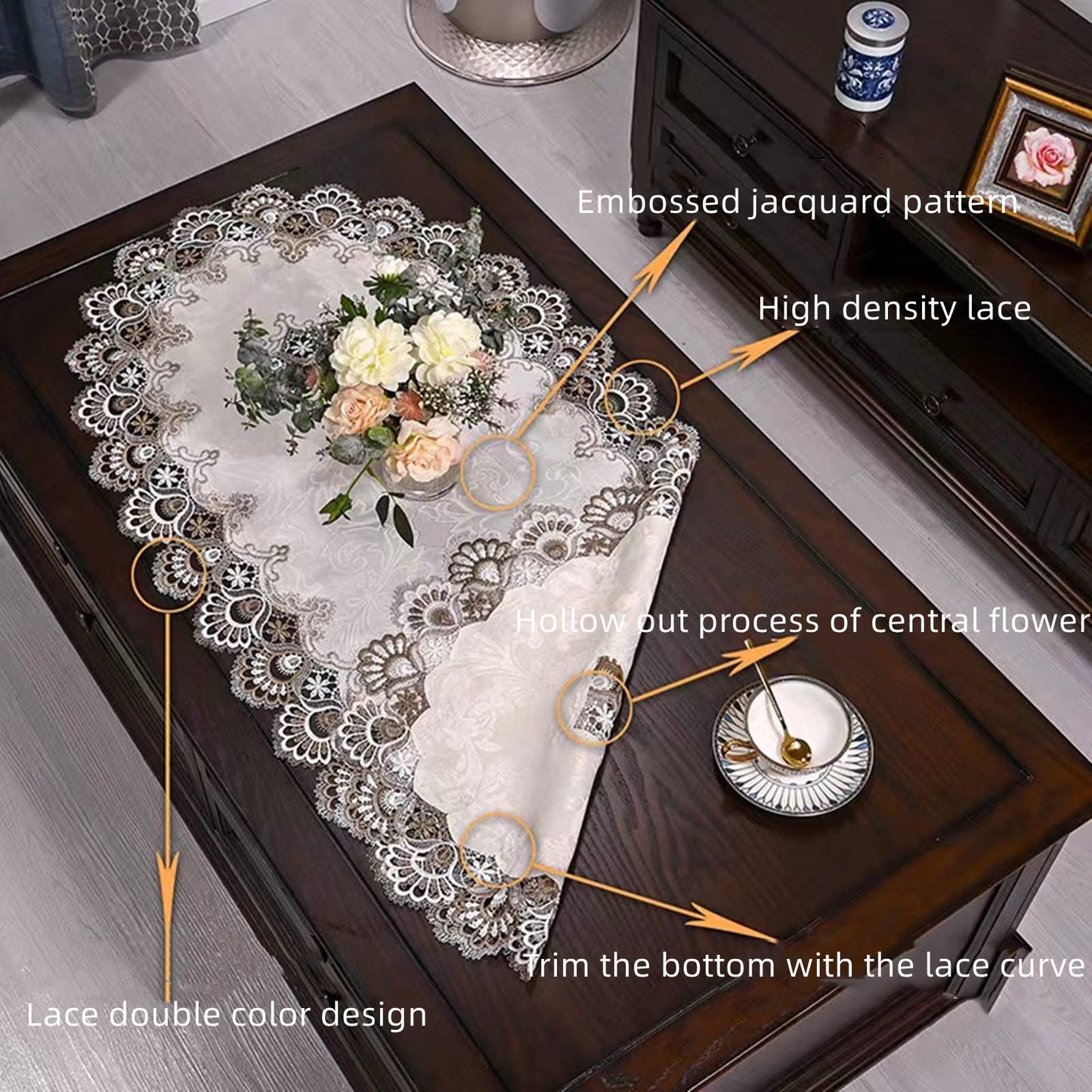 ZMNSZBDBeige Embroidered Lace Tablecloth Lace Coffee Table Cover Oval Hollow Fabric Tablecloth, Washing Machine, Dryer, Refrigerator Top Dust Cover (20''X43'')
