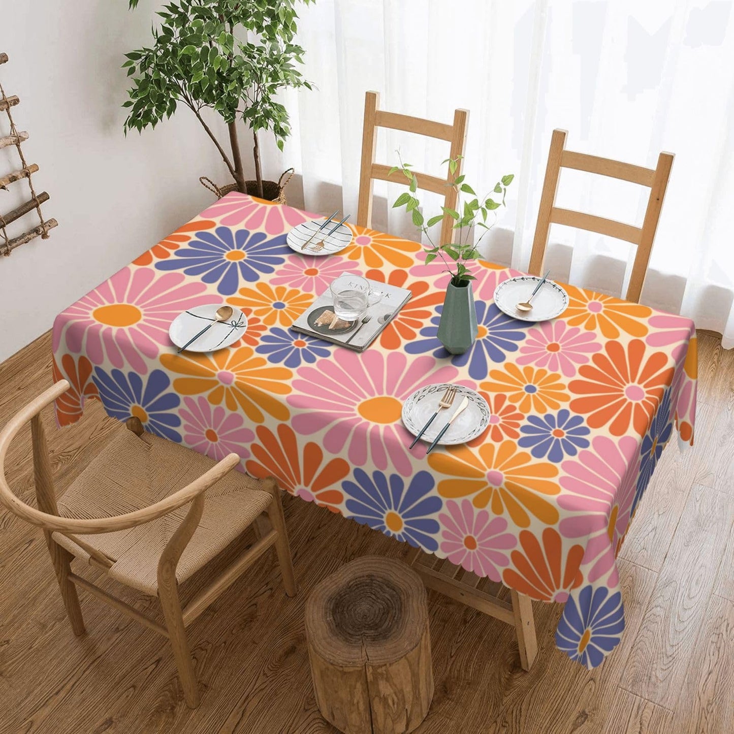 ZYPHORIEL Daisy Flowers Rectangle Tablecloths Retro Orange Pink Blue Flower Table Cloths Decorative Kitchen Dining Tablecloth for Rectangular Tables,Washable Table Cover for Party 54 x 72 Inch