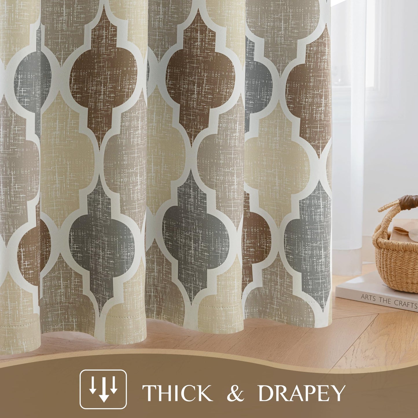 Beauoop 100% Blackout Curtains 84 Inches Long 2 Panels for Bedroom Living Room Brown Grey Moroccan Geo Room Darkening Thermal Insulated Soundproof Grommet Top Window Treatments Drapes, 50x84 Set of 2