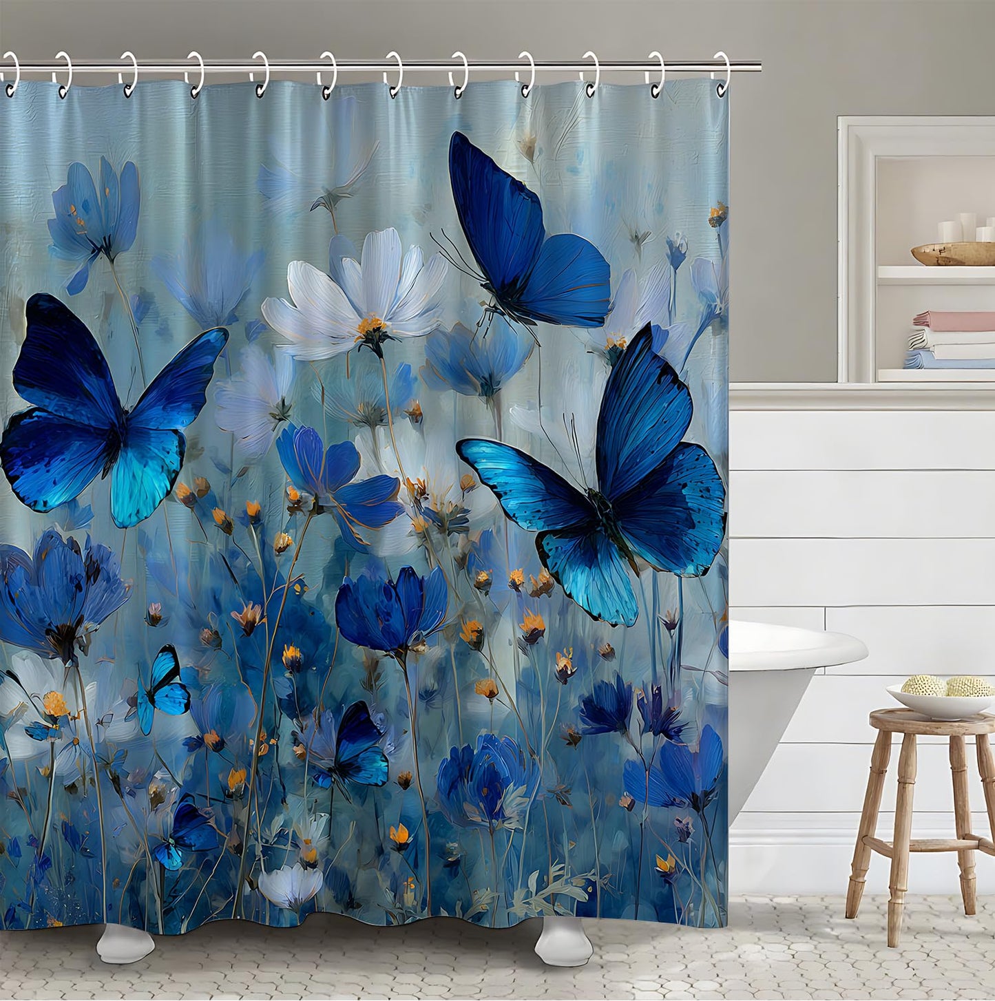 THISFIND Shower Curtain, Blue Floral with Butterflies on Gradient Background Machine Washable Waterproof Fabric for Bathroom Decor Bathtub with 12 Hooks 72x72