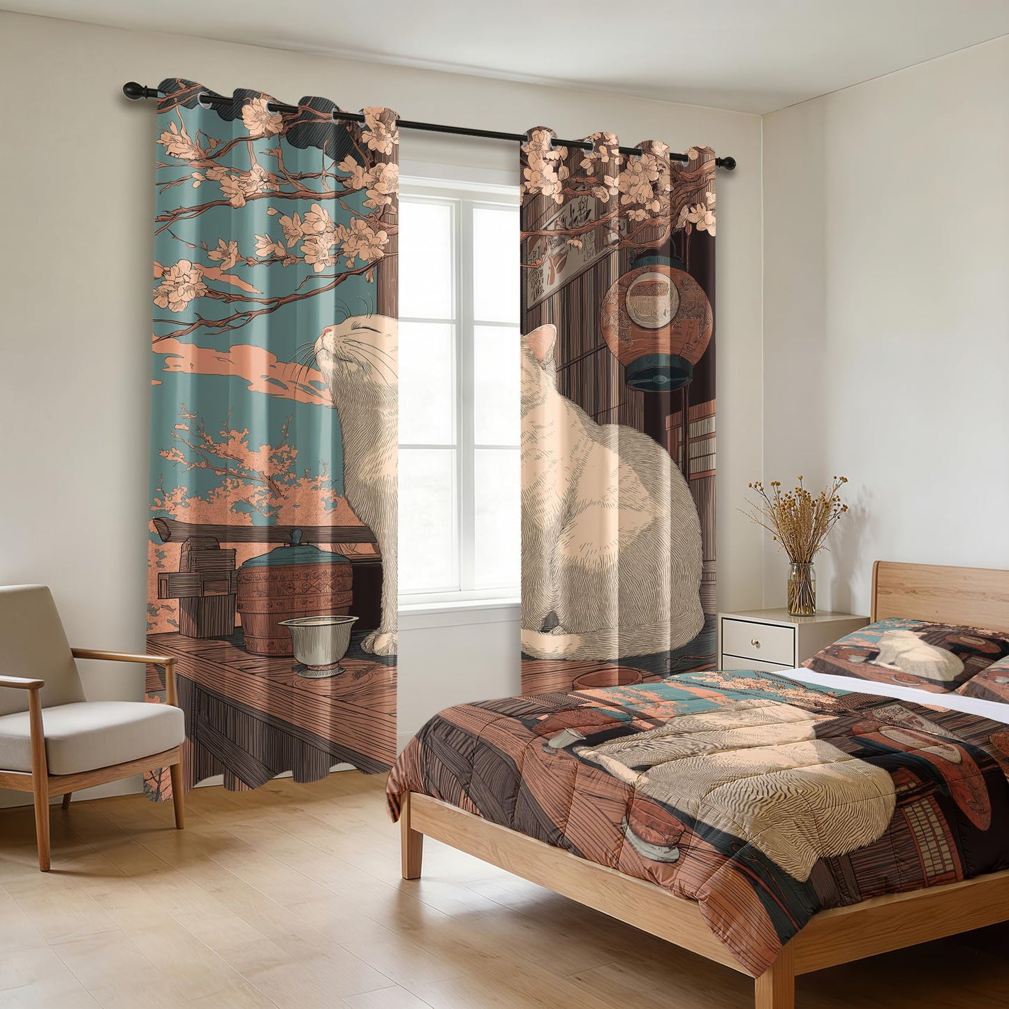 Solvivae Cat Blackout Curtains 63 Inch Length, Japanese Cat Curtains for Bedroom Living Room, Room Darkening Thermal Insulated Grommet Drapes, Patterned Window Treatments