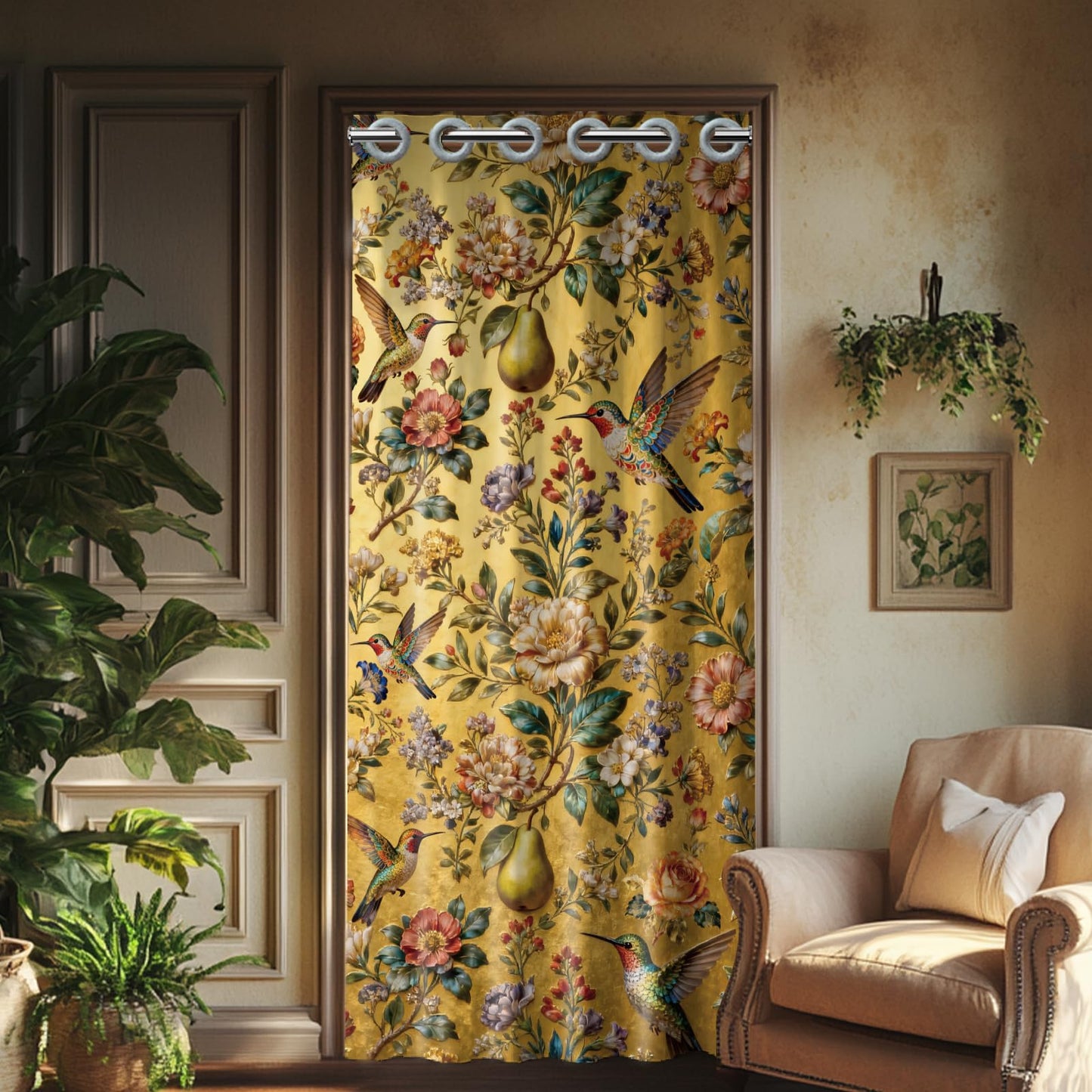 CHGCRAFT Hummingbirds Door Curtain for Doorway Flowers Doorway Curtain Pears Room Divider Curtains with Plastic Rings Folding Doors Curtains for Closet Door Bedroom Living Room Doorway, 39x79 Inch