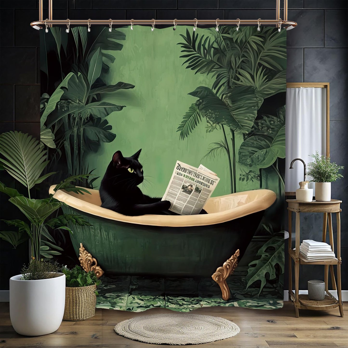 Miyotaa Funny Black Cat Shower Curtain Set 60Wx71H Inches Animal Hilarious Vintage Tropical Leaves Green Plant Polyester Waterproof Cloth Bathroom Curtain with 12 Hooks