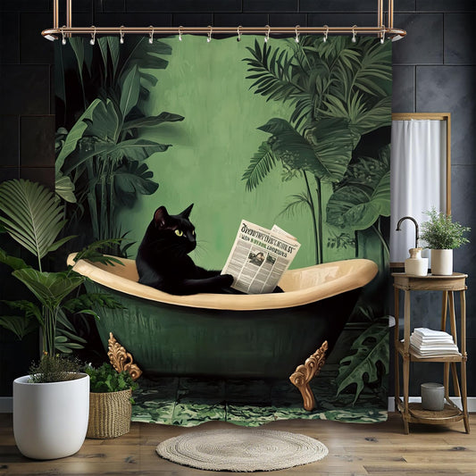 Miyotaa Funny Black Cat Shower Curtain Set 60Wx71H Inches Animal Hilarious Vintage Tropical Leaves Green Plant Polyester Waterproof Cloth Bathroom Curtain with 12 Hooks