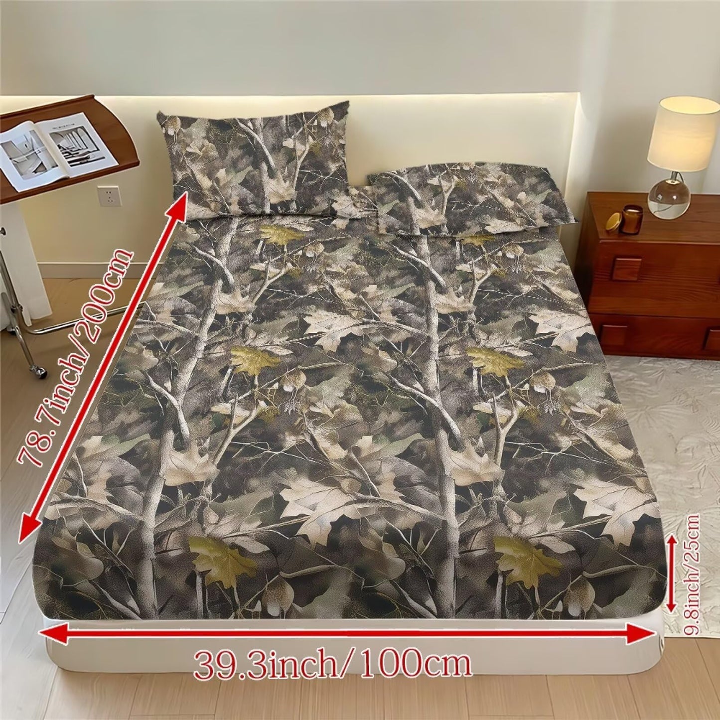 ZDCUSTOM XL Size Sheet Set Stretchy Fitted Bed Sheet Comfy Fade Resistant Bedsheet & Pillowcases with All Around Elastic Stay in Place for Bedroom Decor Branch Leaf Camo, 39" x 79"