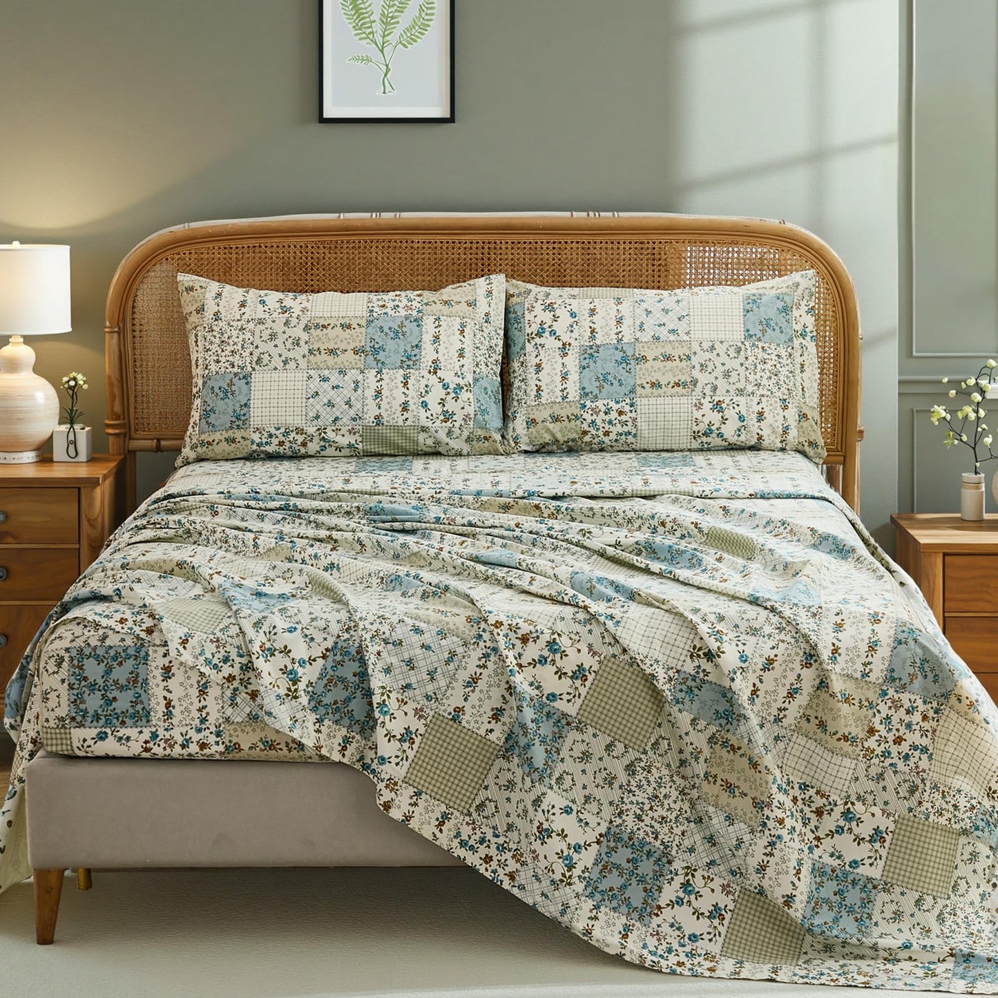 Cozaline Shabby Chic Floral Patchwork Sheets Set Queen Size, Crisp Cooling Sheets with a Smooth Cotton Percale Lightweight Feel, 4 Pieces Luxury Soft Deep Pocket Fitted Sheet 17.5''