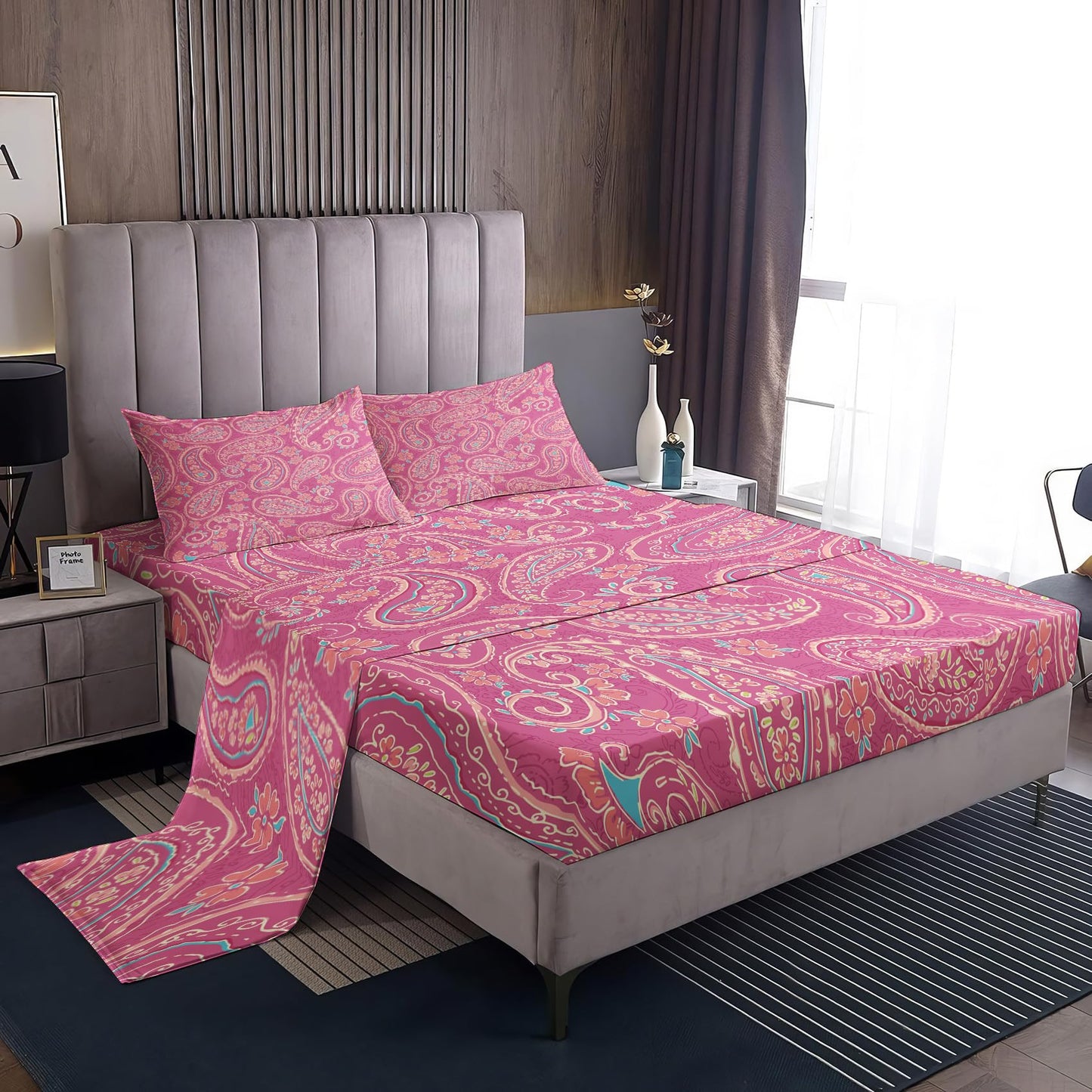NOGAWA Pink Paisley Sheets Full, Boho Bed Sheets, Bohemian Bedding Sheets, Soft Microfiber Deep Pocket Fitted Sheet & Flat Sheet & 2 Pillowcases