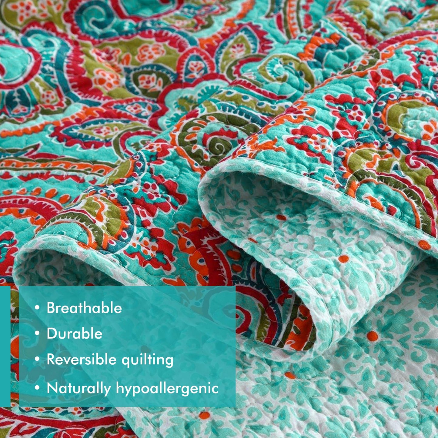 Etwel Lightweight Cotton Queen Size Quilt Set - Breathable Reversible Bedspread for Hot Sleepers, Farmhouse Floral Bedding Set with 2 Pillow Shams for All Season (90"x98", Crown Teal)