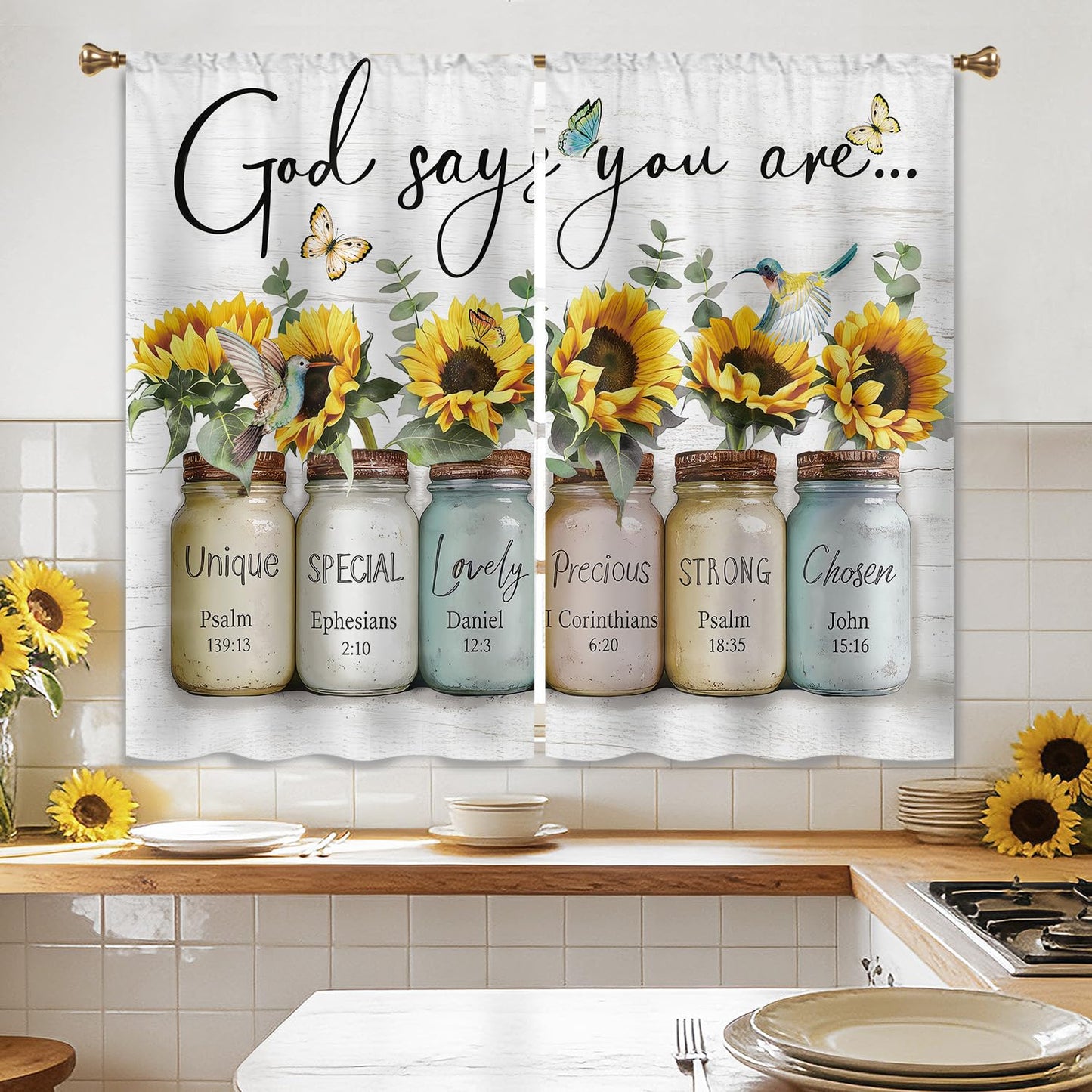 Cizuug Farmhouse Sunflower Kitchen Curtain Rustic Small Short Cafe Window Curtains Country Wooden Barn Inspirational Bathroom Window Drapes Treatment Tier Curtains 2 Panels (27.5x39 Inch)
