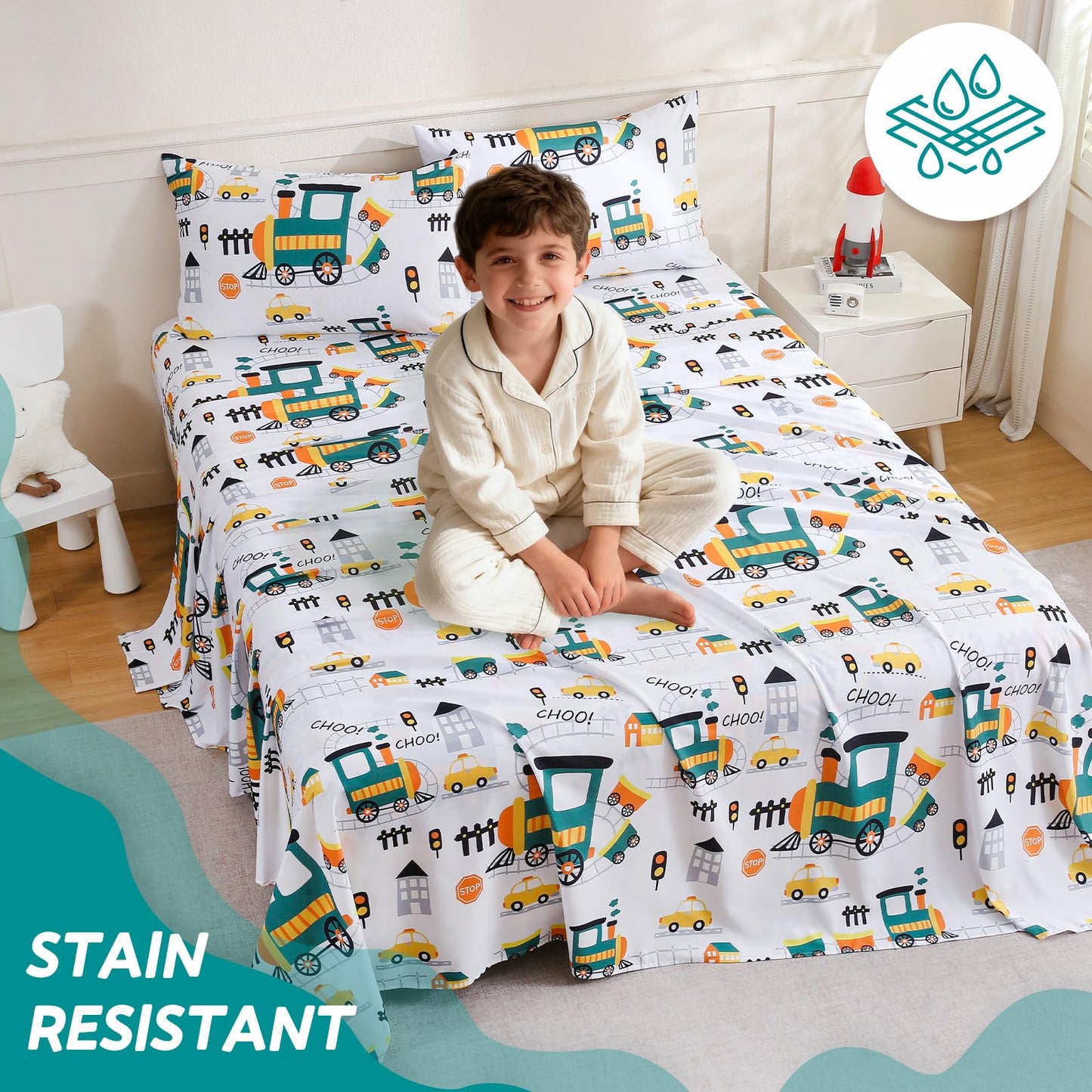 ChicView Twin Sheet Set Kids,3 Pieces Breathable Soft Microfiber Bedsheets for Child Boys Girls, Anti Pilling Deep Pockets Easy Care Bed Sheets, Train