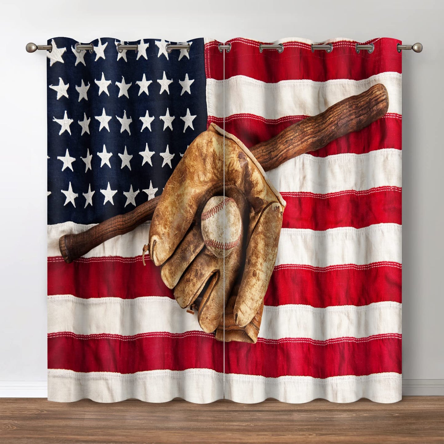 Jekeno Baseball Blackout Curtains - American Flag Baseball Bat Softball Ball Sports Theme Grommet Drapes Decor Apartment Home Bedroom Living Room Darkening Window Treatments 2 Panels Set, 52" x 84"