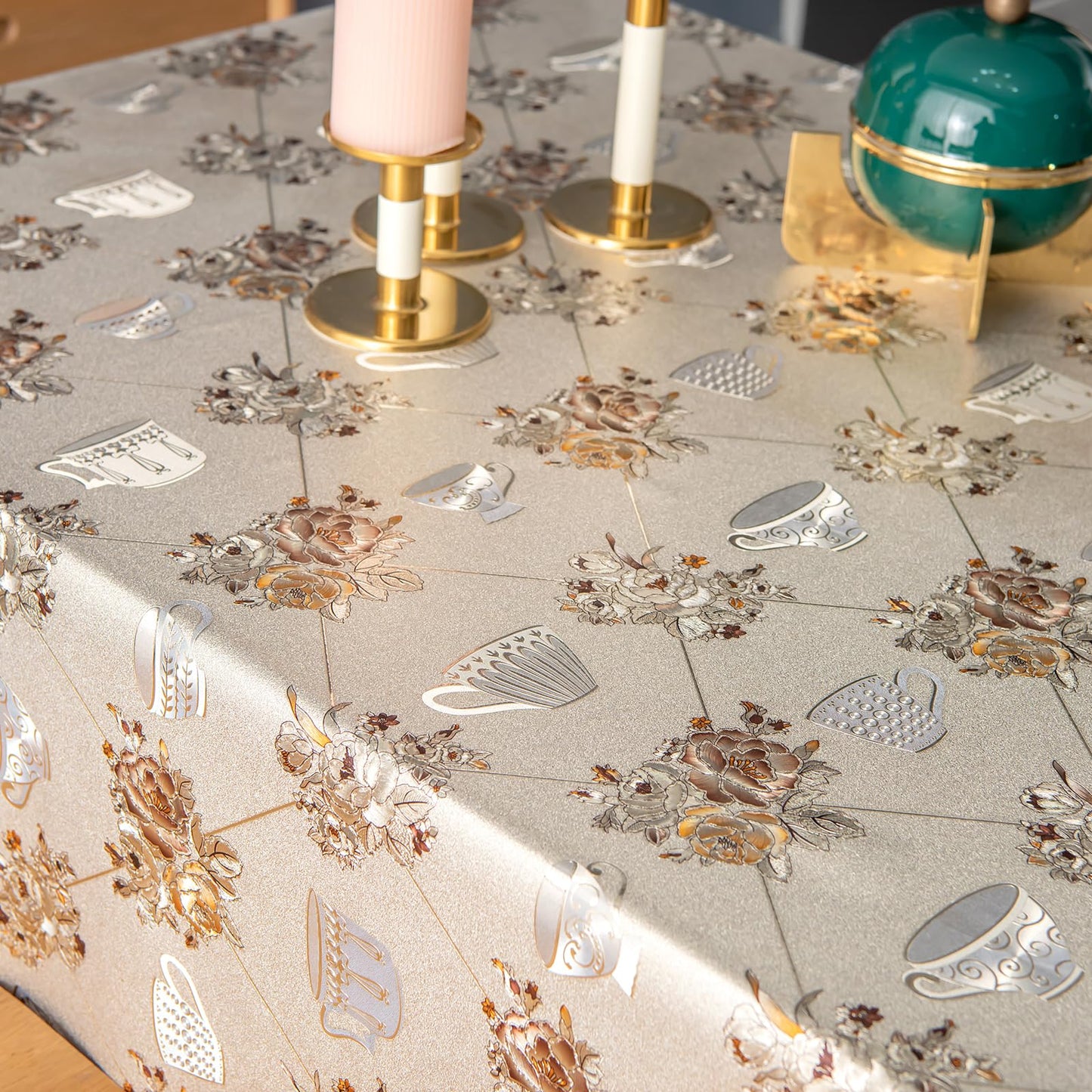 FAVE Heavy Duty Vinyl Tablecloths with Peony Waterproof Oil-Proof PVC Table Cloth Stain-Resistant Wipeable Table cloths for Wedding, Banquet, Birthday, Party, Restaurant Decorations (Gold, 55X78 Inch)
